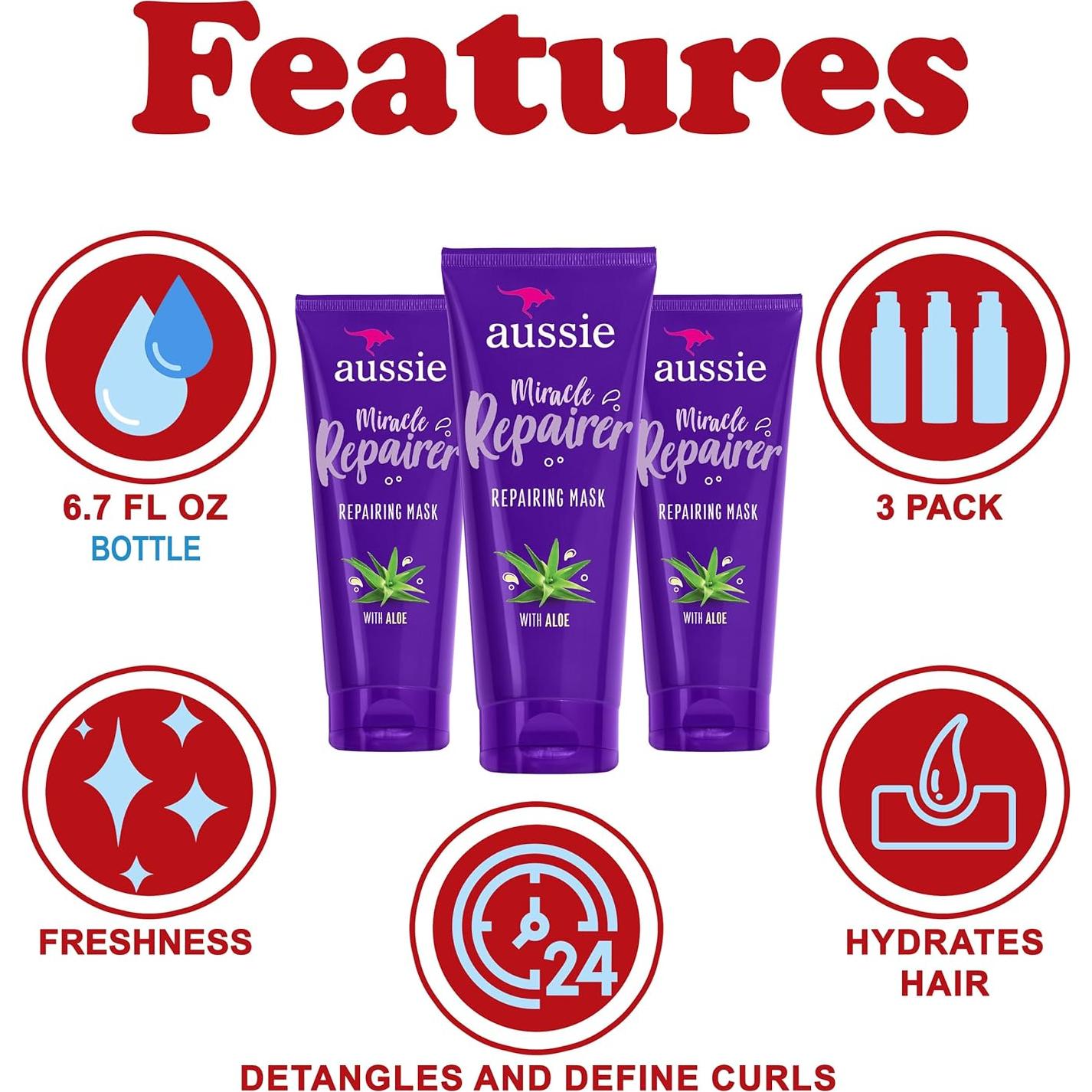 Mascarilla Reparadora Aussie Miracle Repairer con Aloe - 3 Tubos 198.4 ml