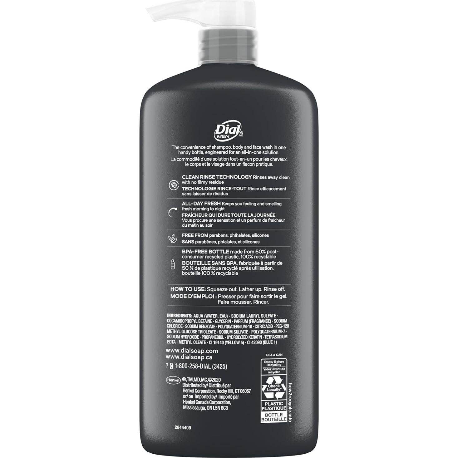 Dial Men Gel 3 en 1 para Cuerpo, Cabello y Cara - 3 Botellas 690 ml