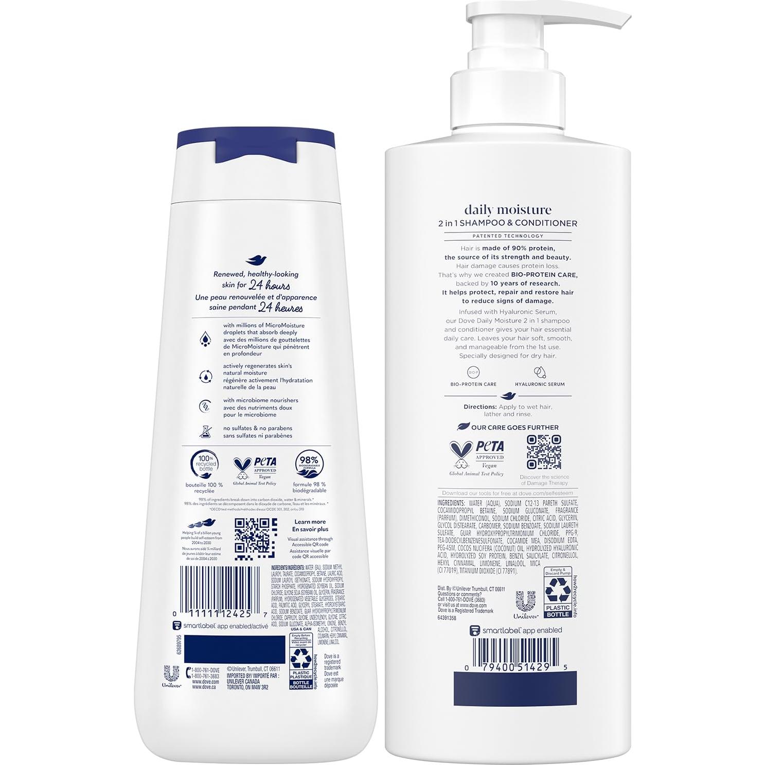 Dove Champú y Acondicionador 2 en 1 510g + Gel de Ducha 567g