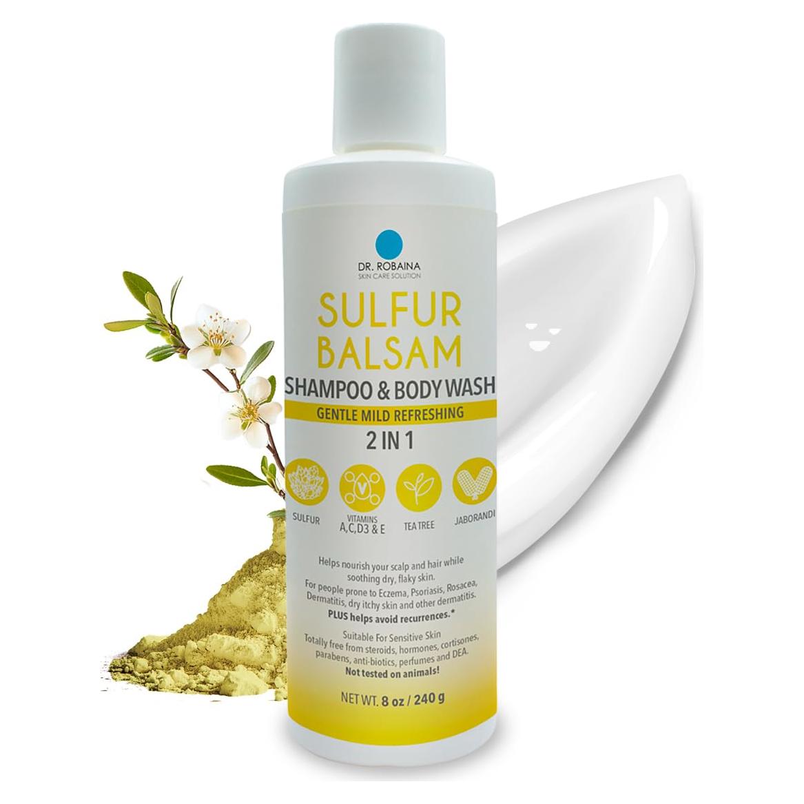 Dr. Robaina Sulfur Shampoo & Body Wash – Helps Soothe Dandruff, Seborrheic Dermatitis, Folliculitis & Itchy Scalp – Color-Safe, SLS-Free, Citrus-Mint Scent, 8 fl oz - Made in the USA