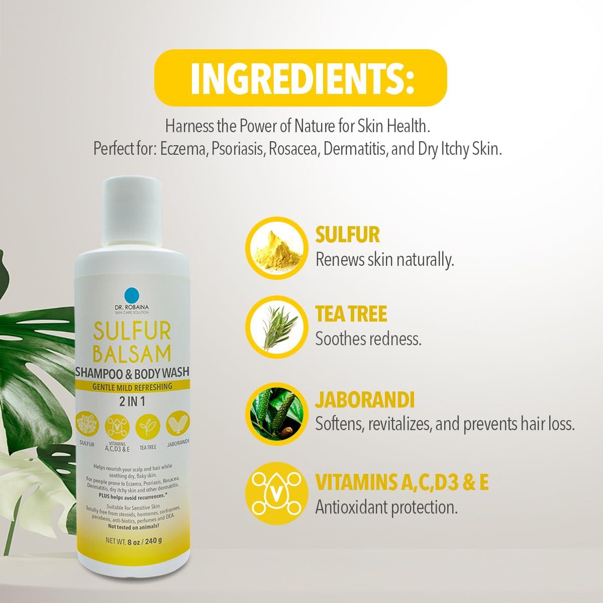 Dr. Robaina Sulfur Shampoo & Body Wash – Helps Soothe Dandruff, Seborrheic Dermatitis, Folliculitis & Itchy Scalp – Color-Safe, SLS-Free, Citrus-Mint Scent, 8 fl oz - Made in the USA