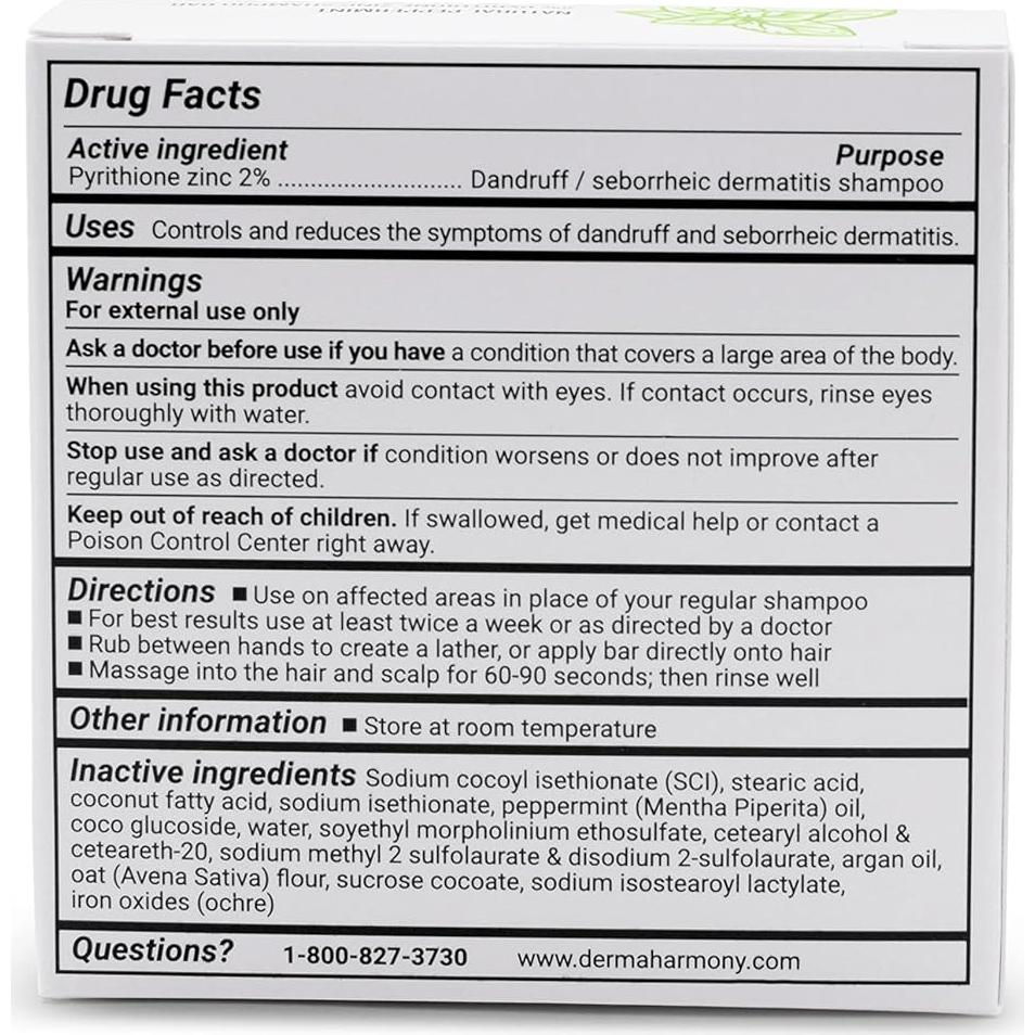 Champú en barra DermaHarmony 113.4 g - Zinc Piritiona 2% Menta