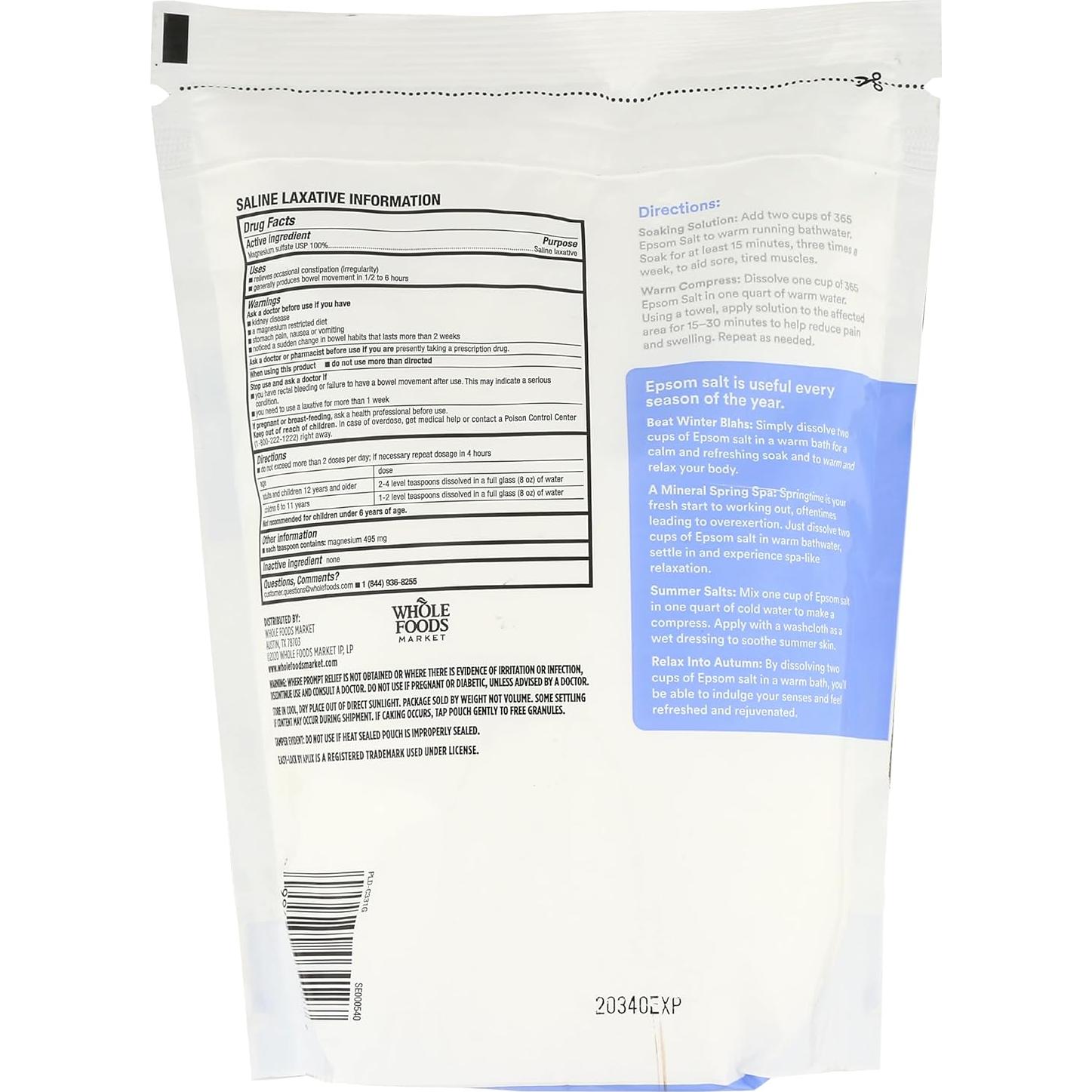 Sal de Epsom 365 Whole Foods 1.81 kg para Relajación