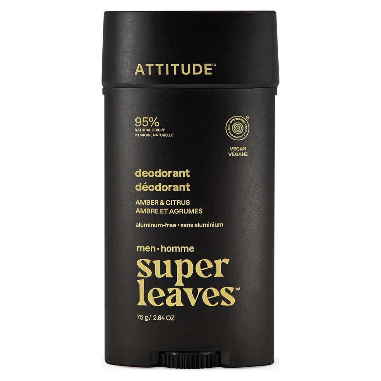 Desodorante Natural ATTITUDE para Hombres 75 g - Sin Aluminio, Ámbar y Cítricos