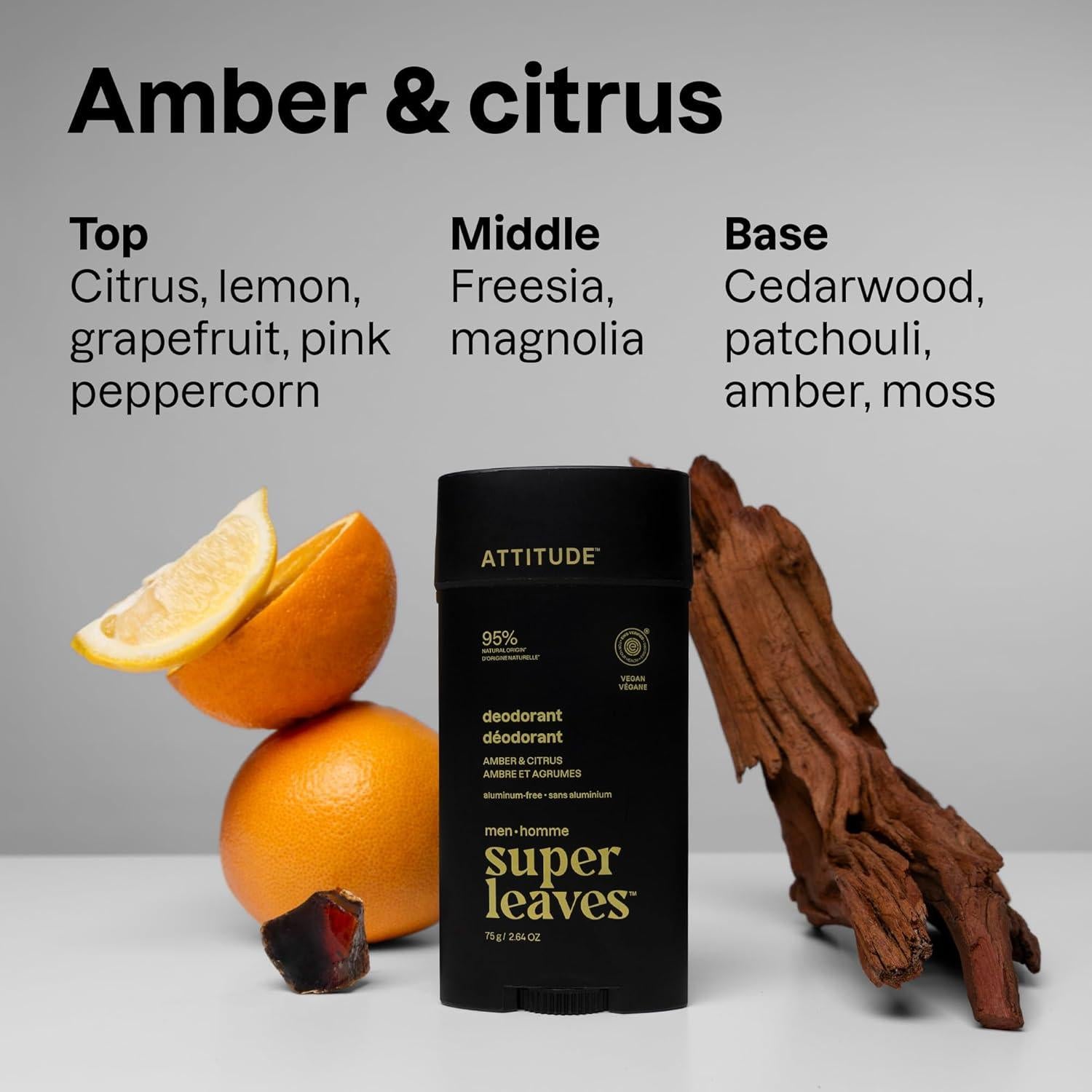 Desodorante Natural ATTITUDE para Hombres 75 g - Sin Aluminio, Ámbar y Cítricos