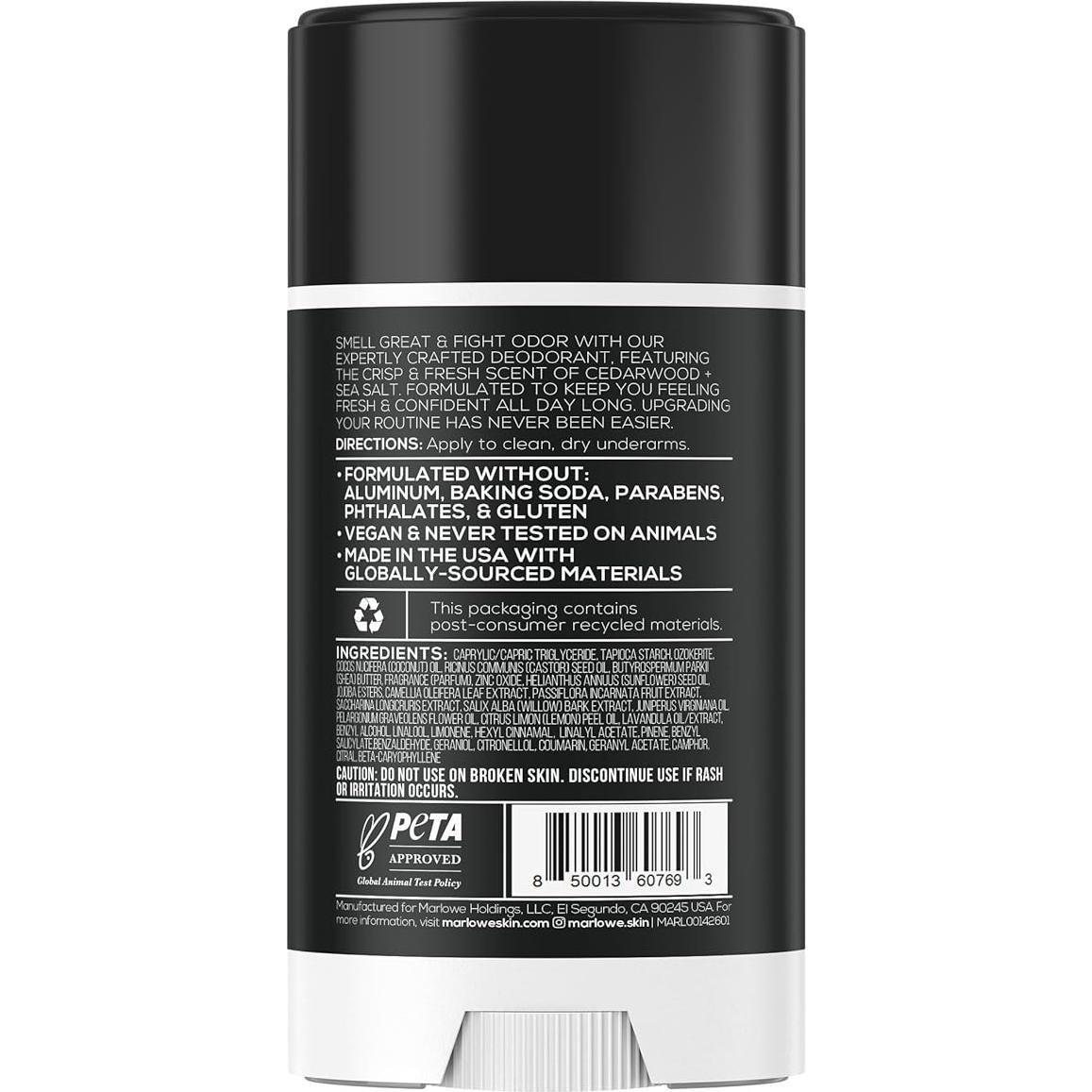 Desodorante en Barra MARLOWE. 70.87 g - Sin Aluminio, Aroma Madera de Cedro