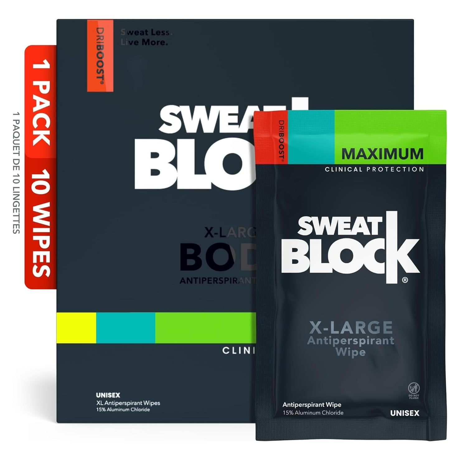 Toallitas Antitranspirantes SweatBlock XL - 10 Unidades para Hombres y Mujeres