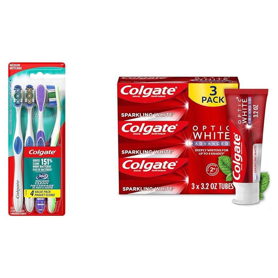Colgate 360 Cepillo de Dientes Mediano + Pasta Blanqueadora 3x90.7g