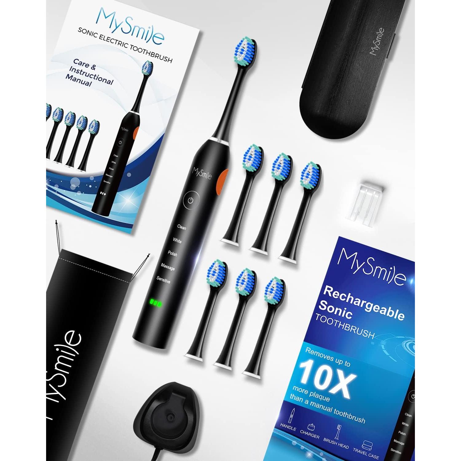 Cepillo de dientes eléctrico MySmile negro, 48000 VPM, 6 cabezales