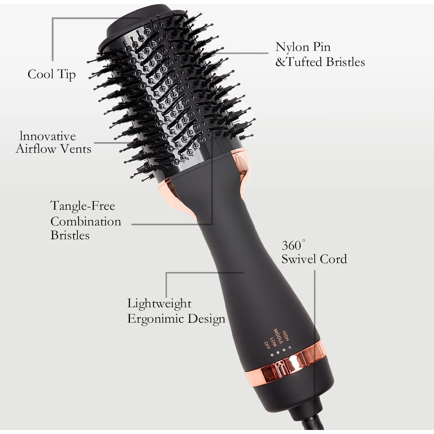 Cepillo Secador de Cabello Nothers 3 Niveles Calor Iónico Negro