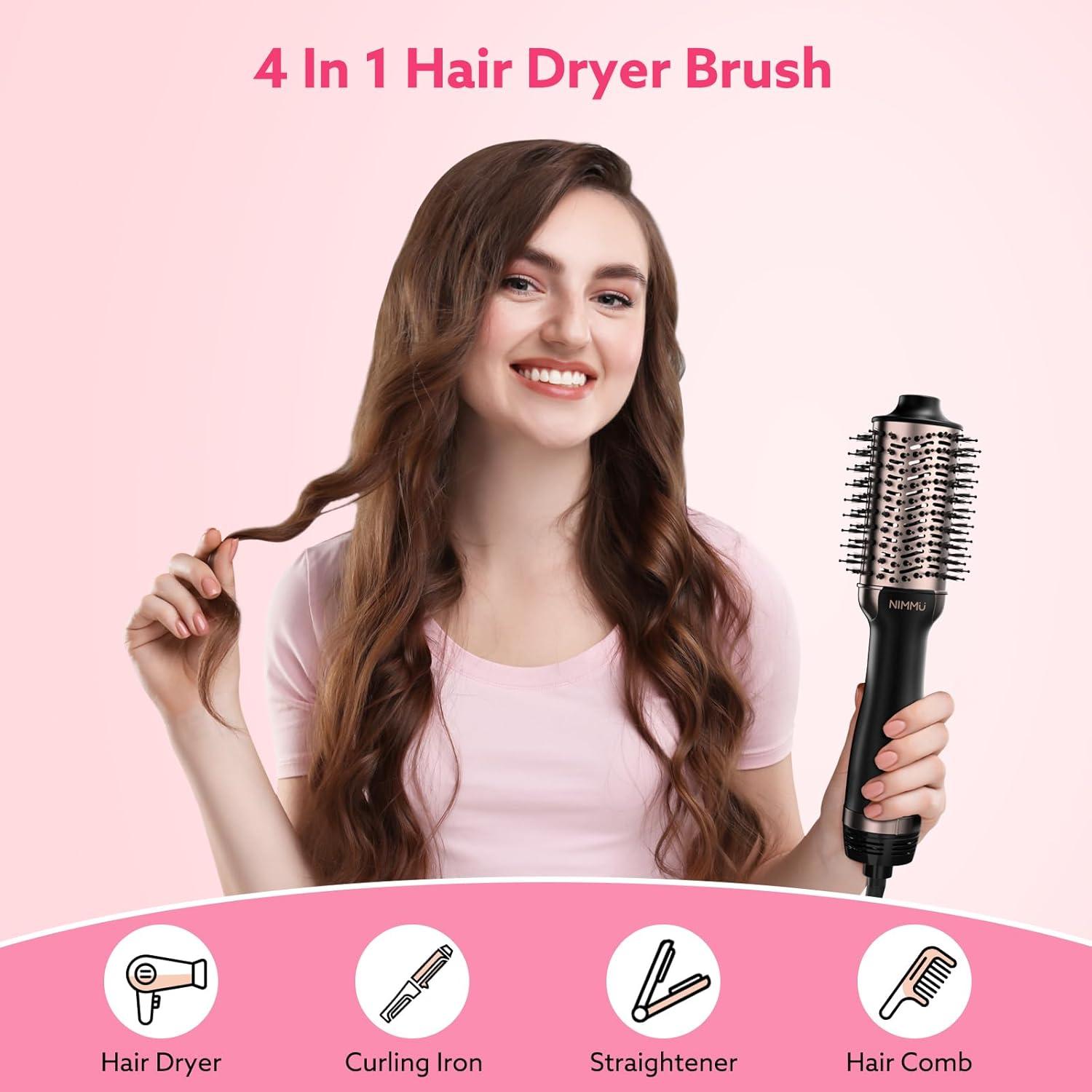 Cepillo Secador de Cabello Nimmu 4 en 1, 1200W, Negro y Dorado