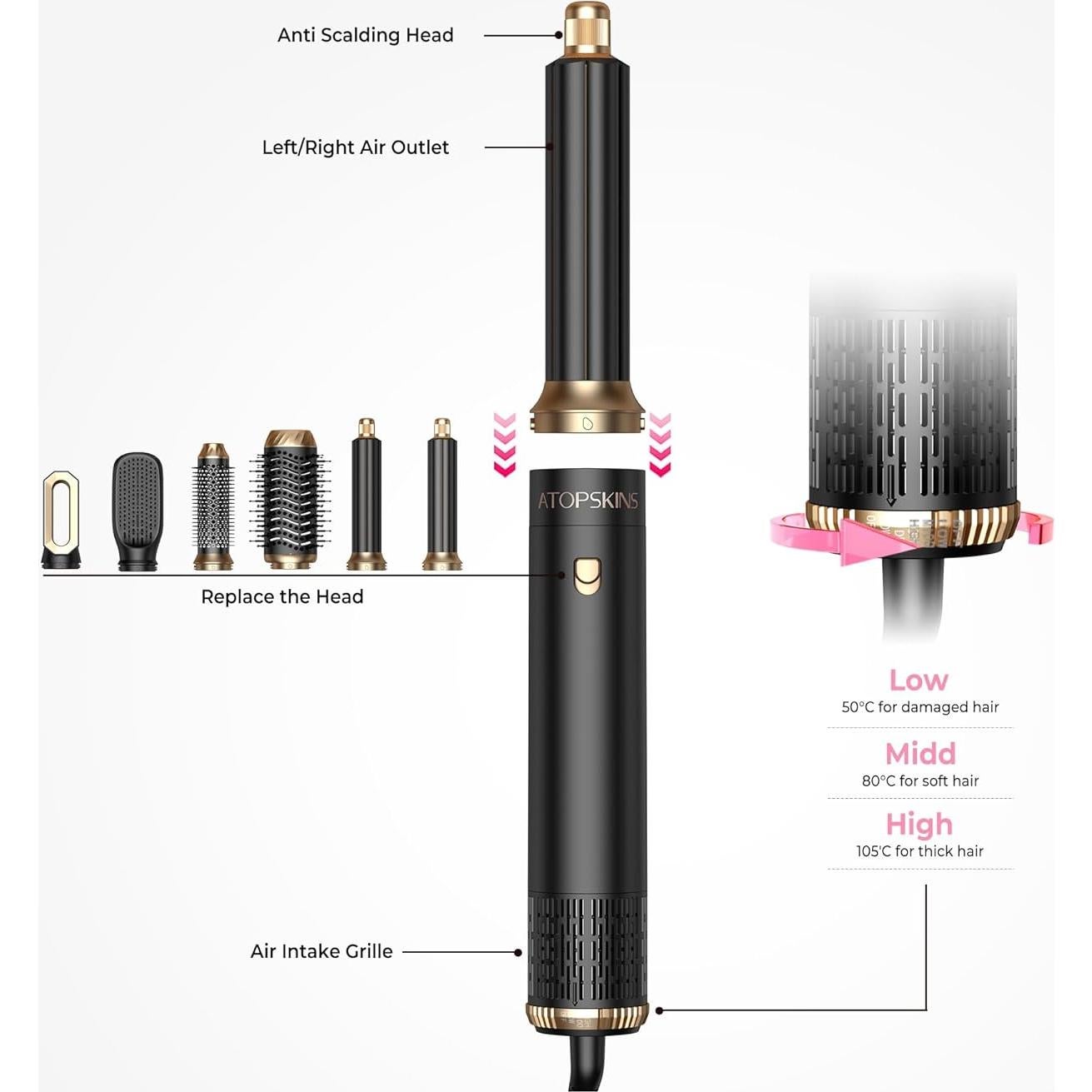 Set de Cepillo Secador 6 en 1 Atopskins - Estilizador Iónico Negro