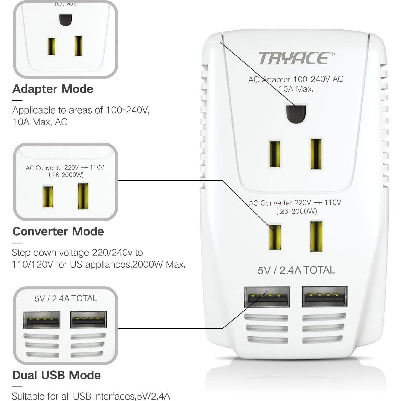 Convertidor de Voltaje 2000W TryAce 220V a 110V con USB