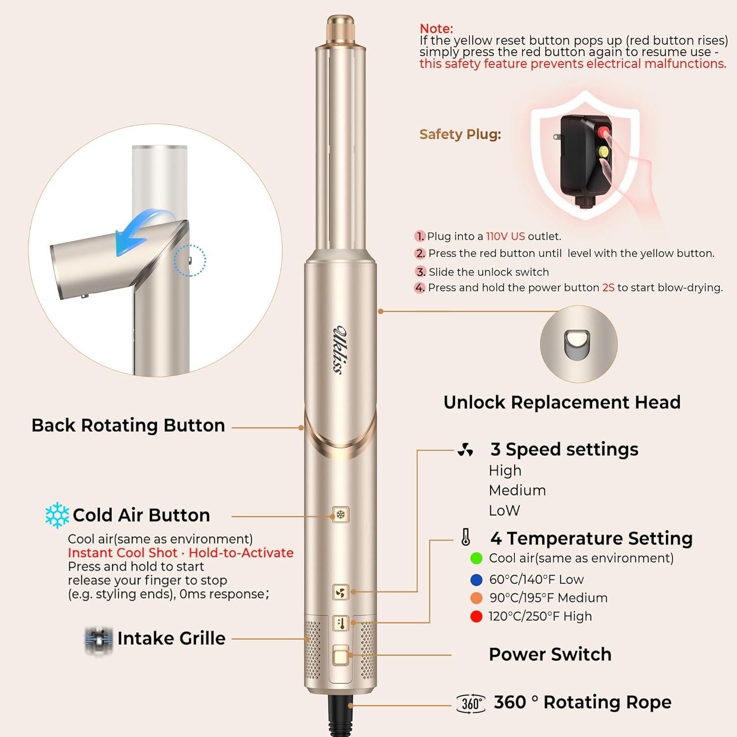 Cepillo Secador de Cabello 8 en 1 UKLISS - Estilizador de Aire Caliente 3.18 cm