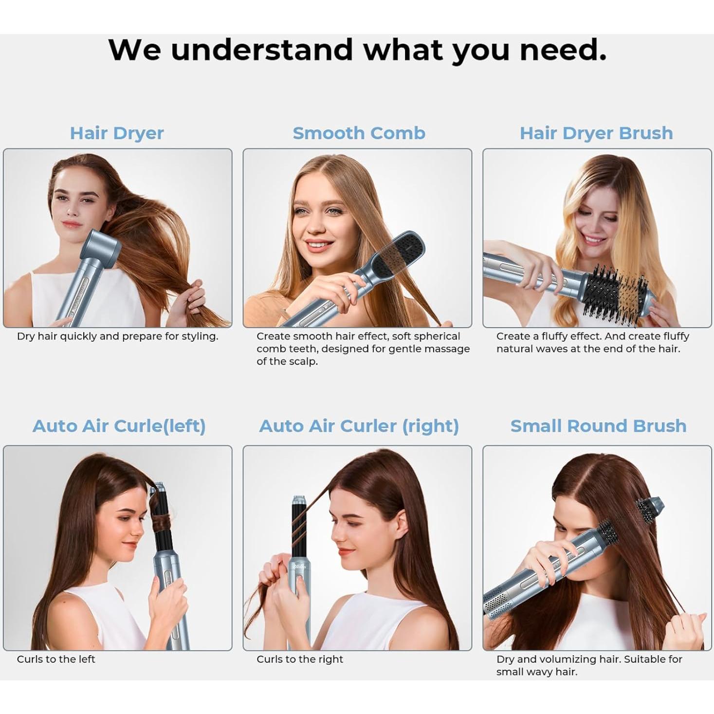 Hair Dryer Brush,Blow Dryer Brush with Attachments,110000 RPM Curly Twist 6 in 1 Air Style, Professional Ionic Hair Styling Tool, Left & Right Air Curler, Volumizer