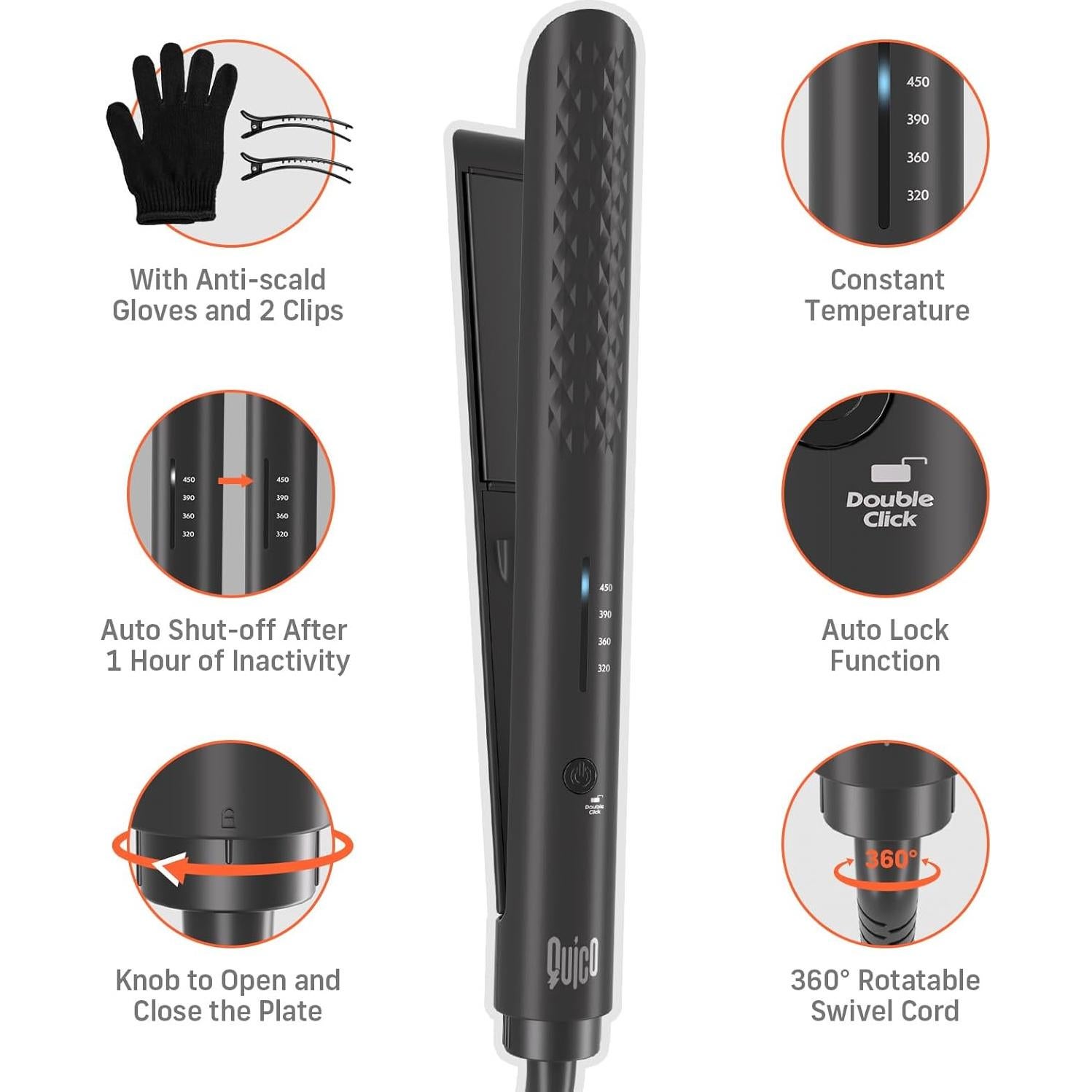 Plancha de Cabello Quico HC102 Negra, 160-232°C, 2 en 1