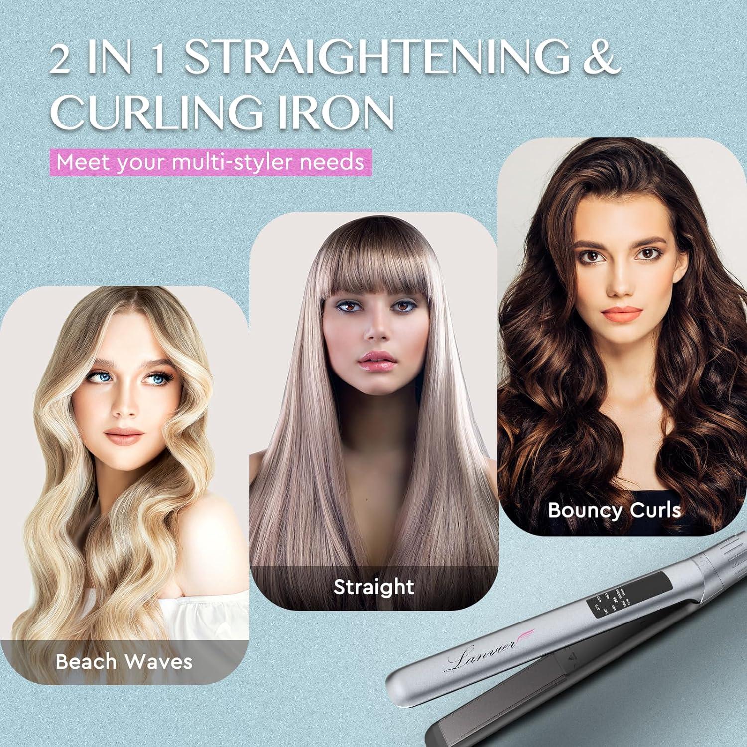 Plancha y Rizador 2 en 1 LANVIER, Cerámica Titanio, 10.4 cm