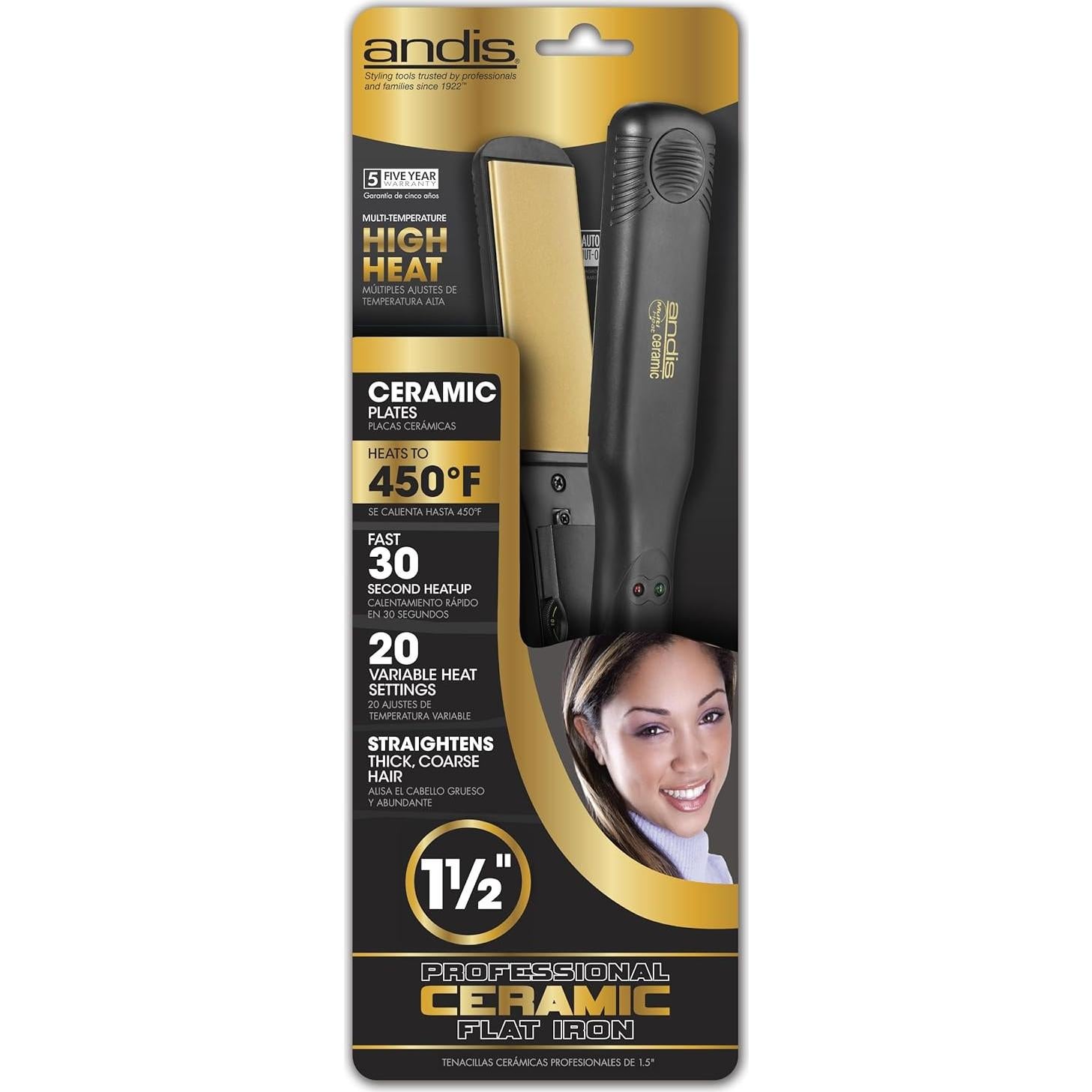 Plancha de Pelo Cerámica Andis 1.5" Negra 204°C 20 Niveles