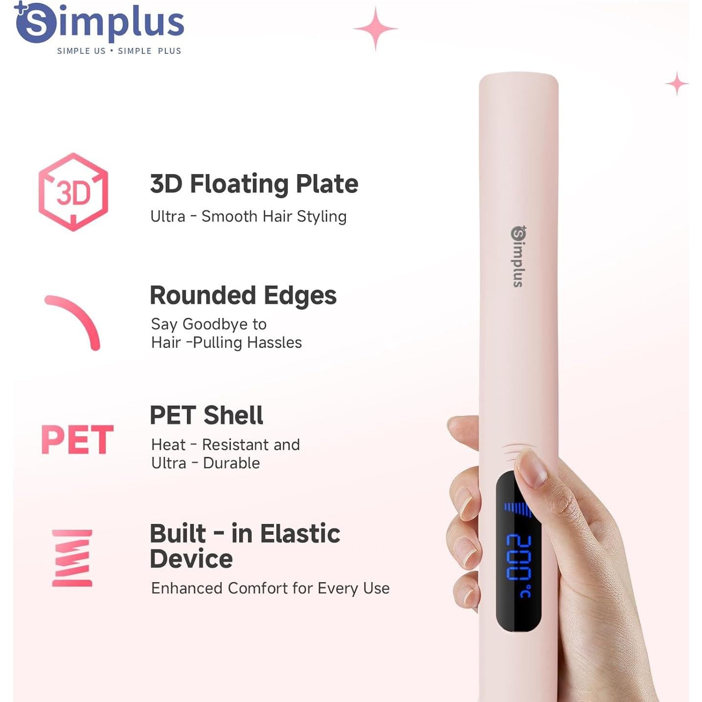 Plancha de Pelo SIMPLUS 2 en 1 Rosa 230°C Calentamiento Rápido