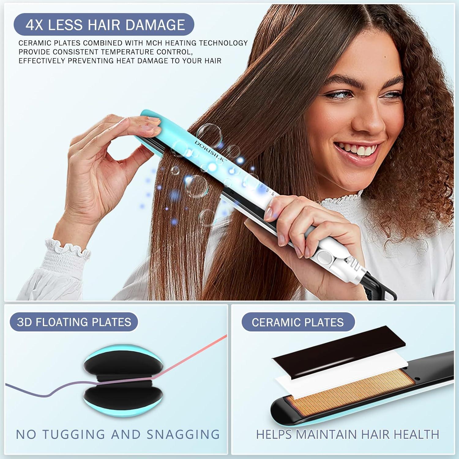 DORISILK Dual Voltage Flat Iron 1 Inch, Ceramic Hair Straightener and Curler 2 in 1, 450℉ Straightening Iron for Thin Thick Hair, Frizz-Free Smooth Tech 30s Fast Heat Gift for Women Girls, Blue White