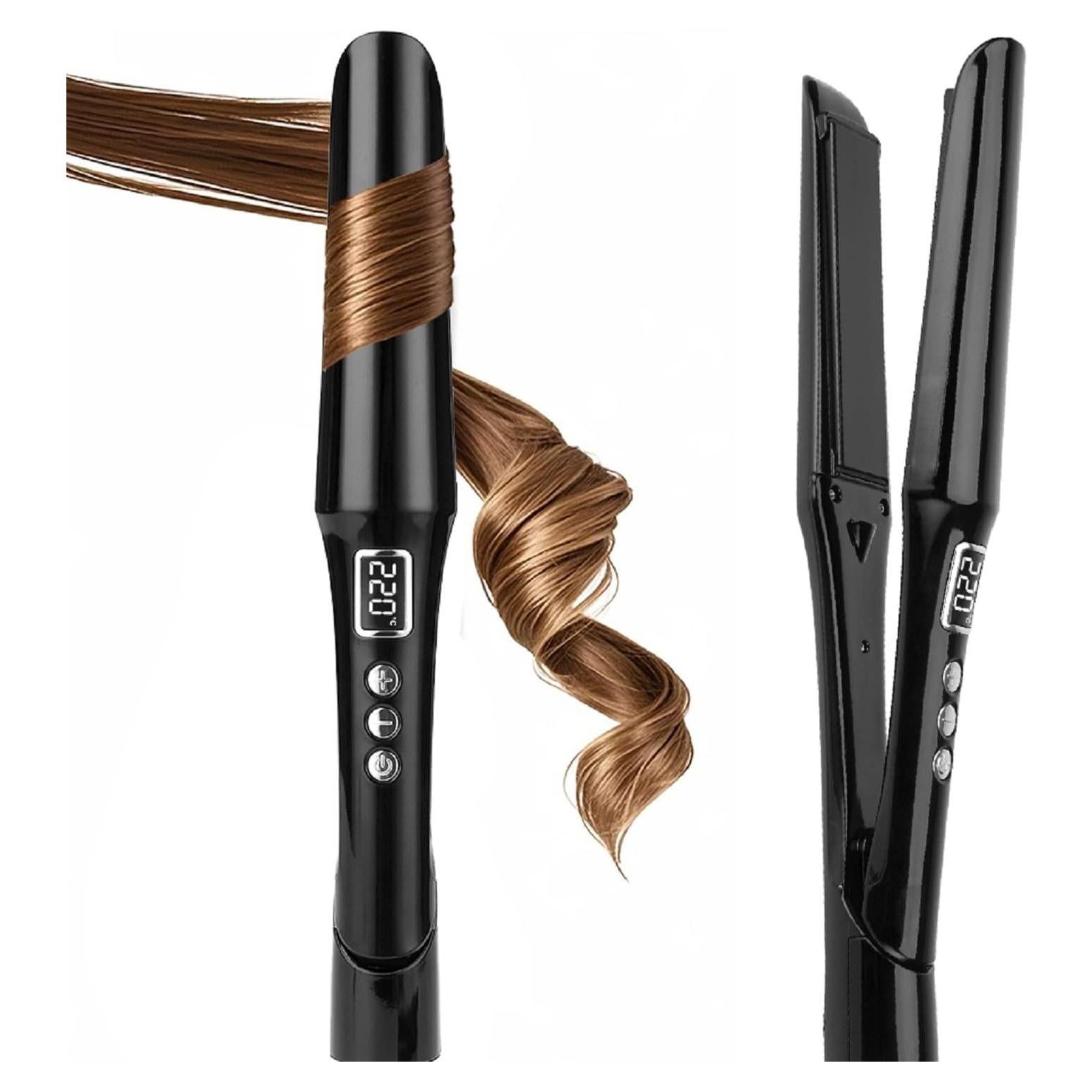 Plancha y Rizador 2 en 1 PRITECH, Cerámica y Titanio, Negro