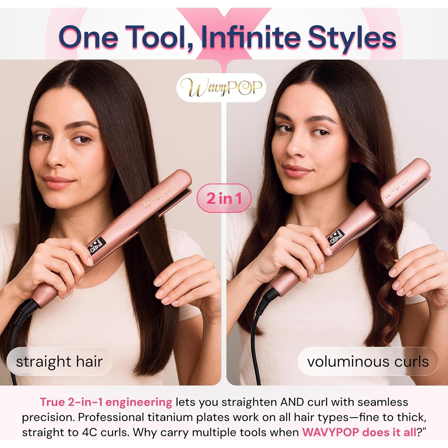 Plancha de Pelo Profesional Wavypop 2 en 1 Titanio 3.18 cm