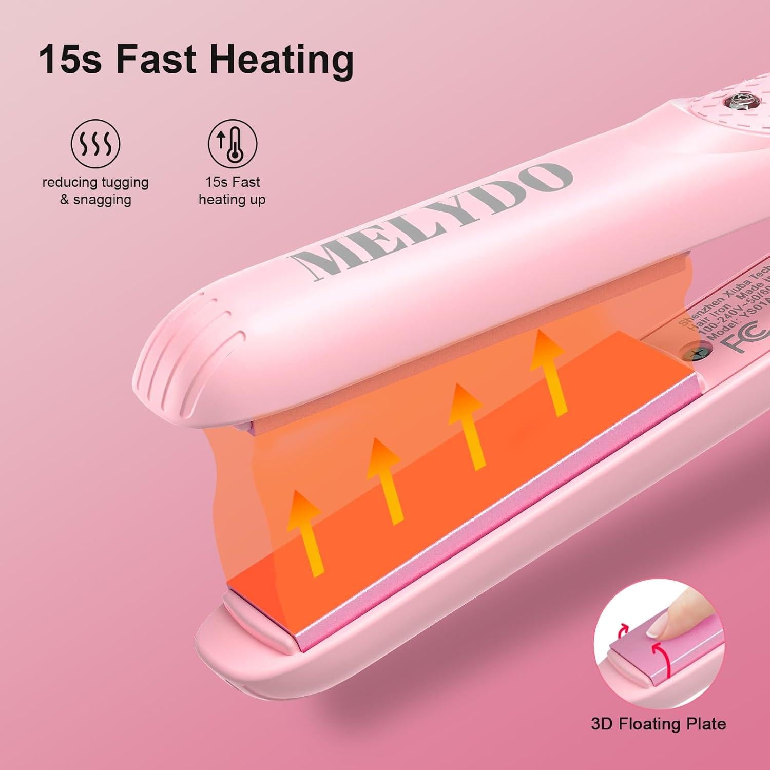 Mini Plancha de Pelo Melydo Rosa Doble Voltaje 16 cm