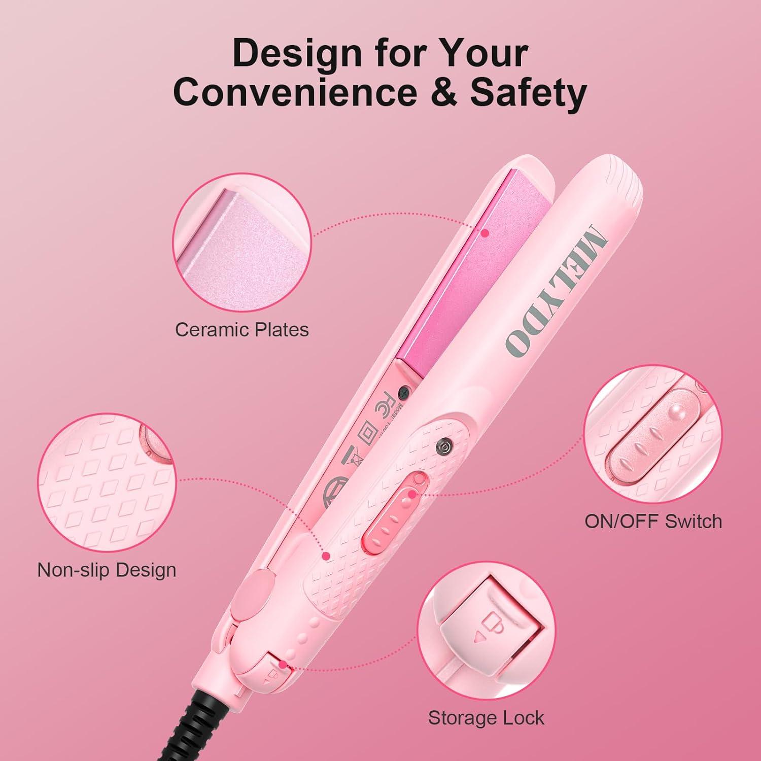 Mini Plancha de Pelo Melydo Rosa Doble Voltaje 16 cm