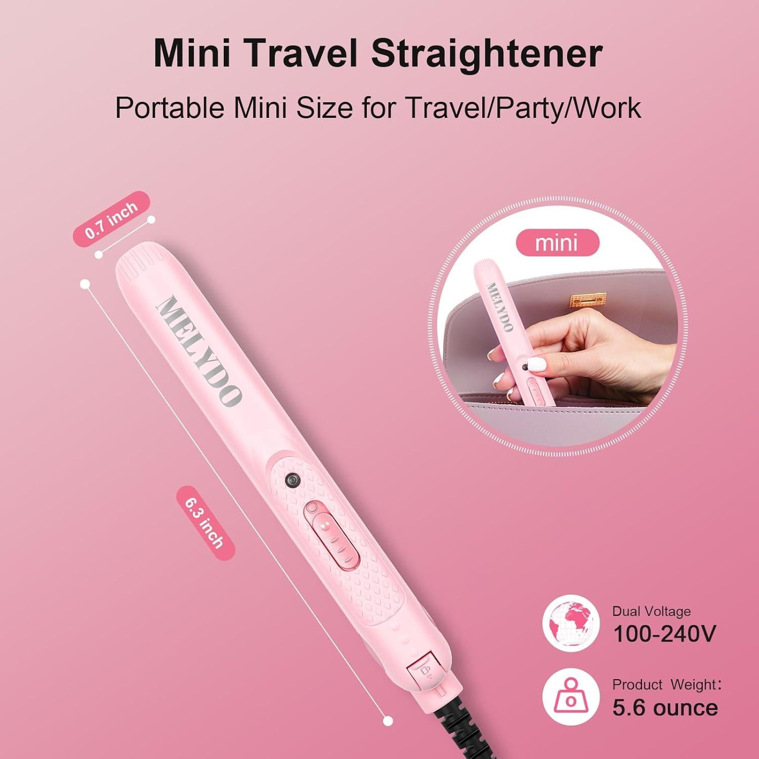 Mini Plancha de Pelo Melydo Rosa Doble Voltaje 16 cm