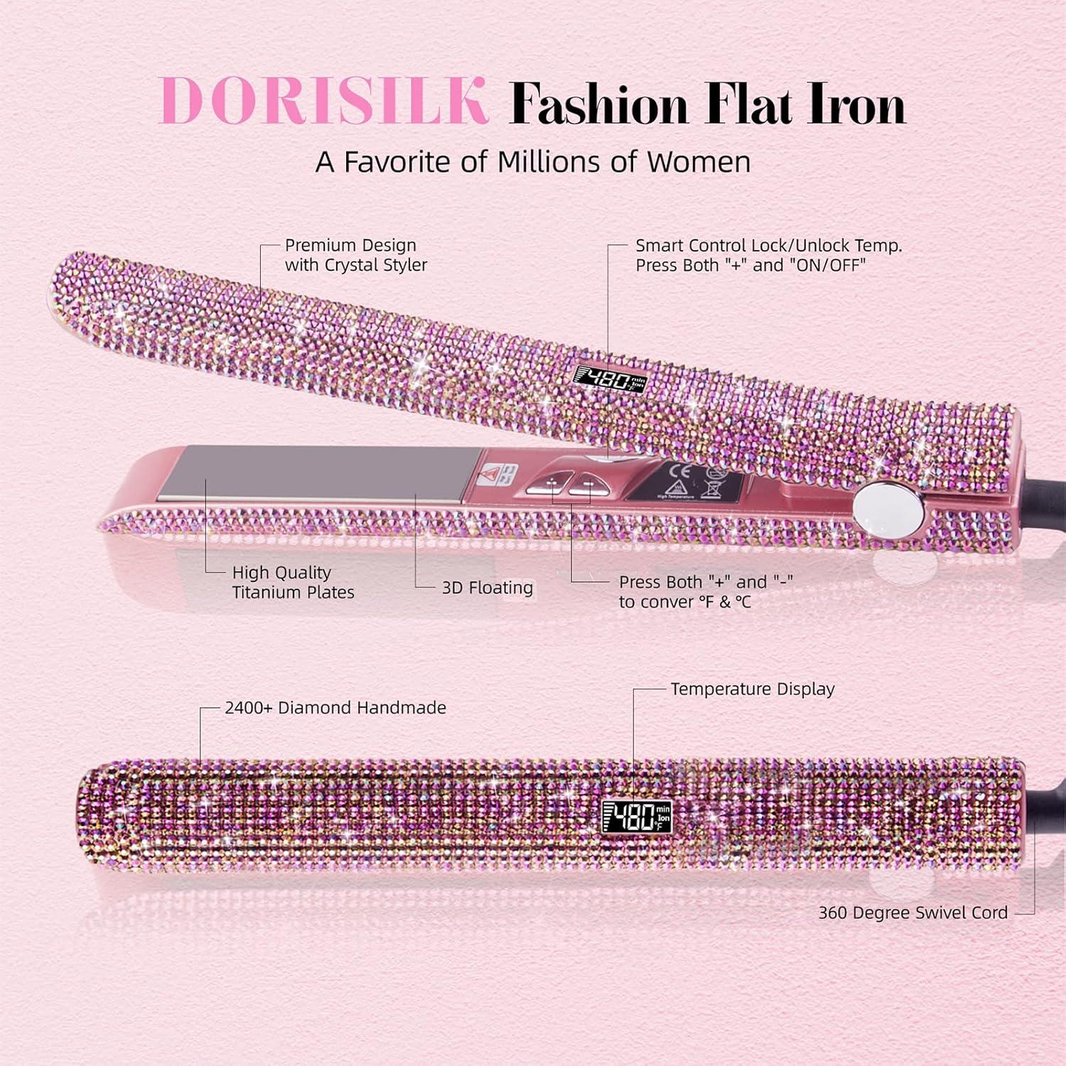 Plancha y Rizador DORISILK 2 en 1 Rosa con Rhinestones