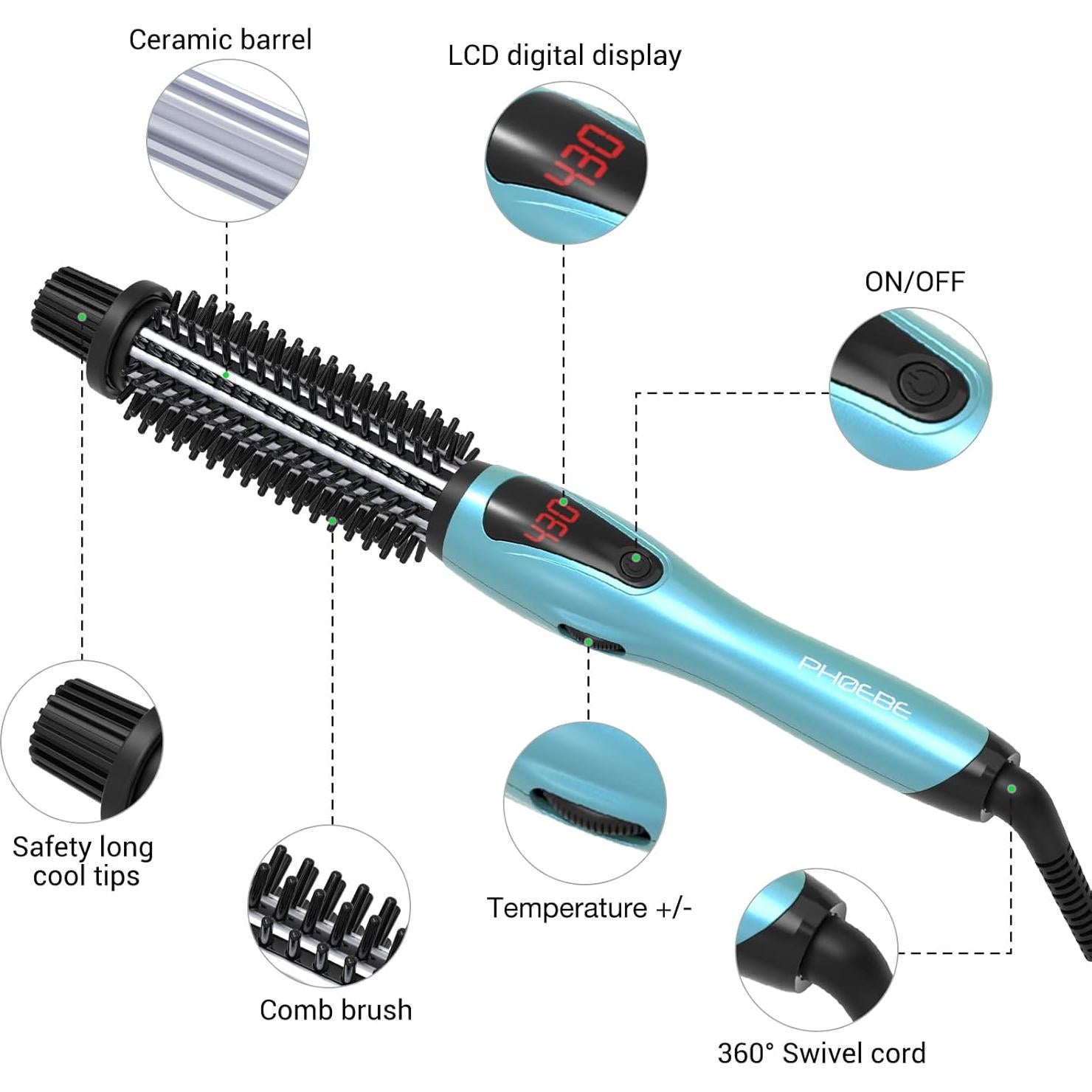 Cepillo de Rizado PHOEBE Cerámico Tourmalina 2.54 cm Doble Voltaje