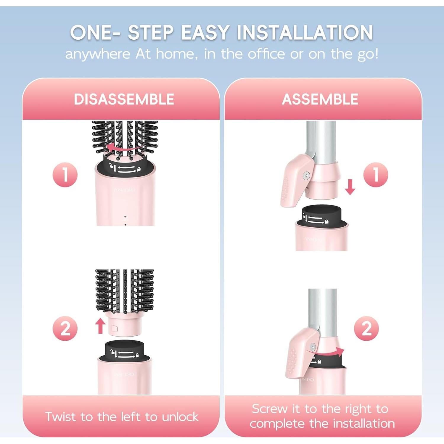 Cepillo Rizador Inalámbrico AI·DIO 2 en 1 Rosa, 200 Millones Iones