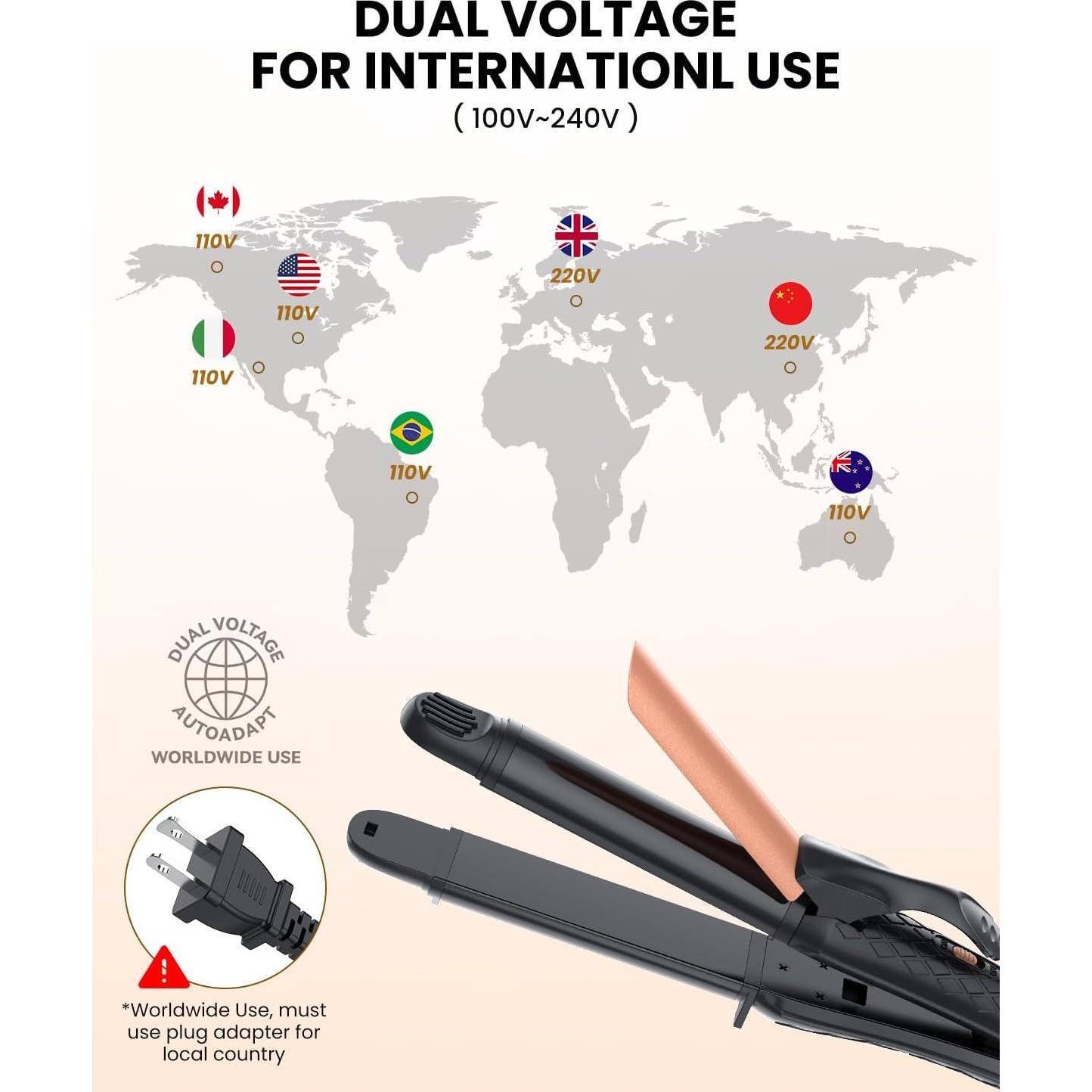 Plancha de Cabello 2-en-1 AmoVee Doble Voltaje 1 Pulgada Negro