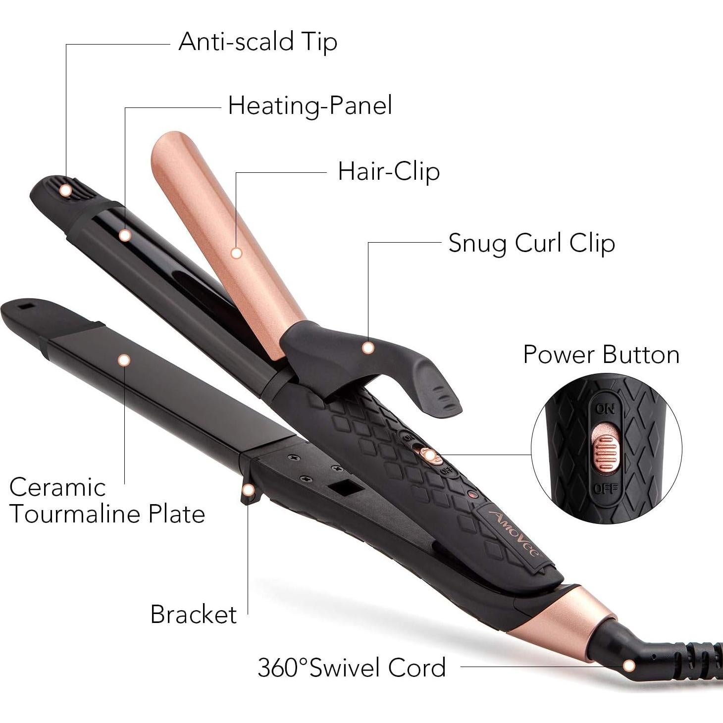 Plancha de Cabello 2-en-1 AmoVee Doble Voltaje 1 Pulgada Negro