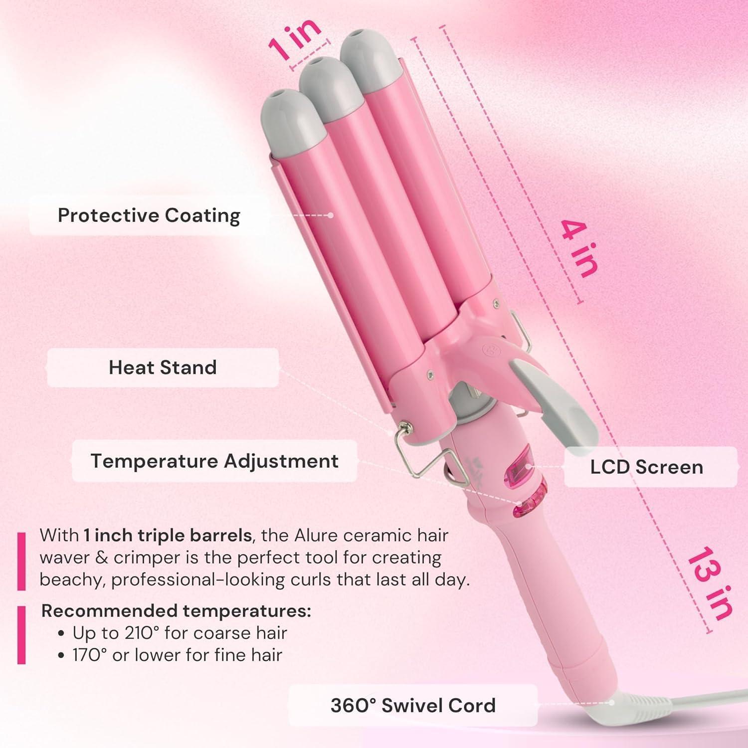 Rizador de Cabello Alure 3 Barriles Cerámica 1" LCD Blanco/Rosa