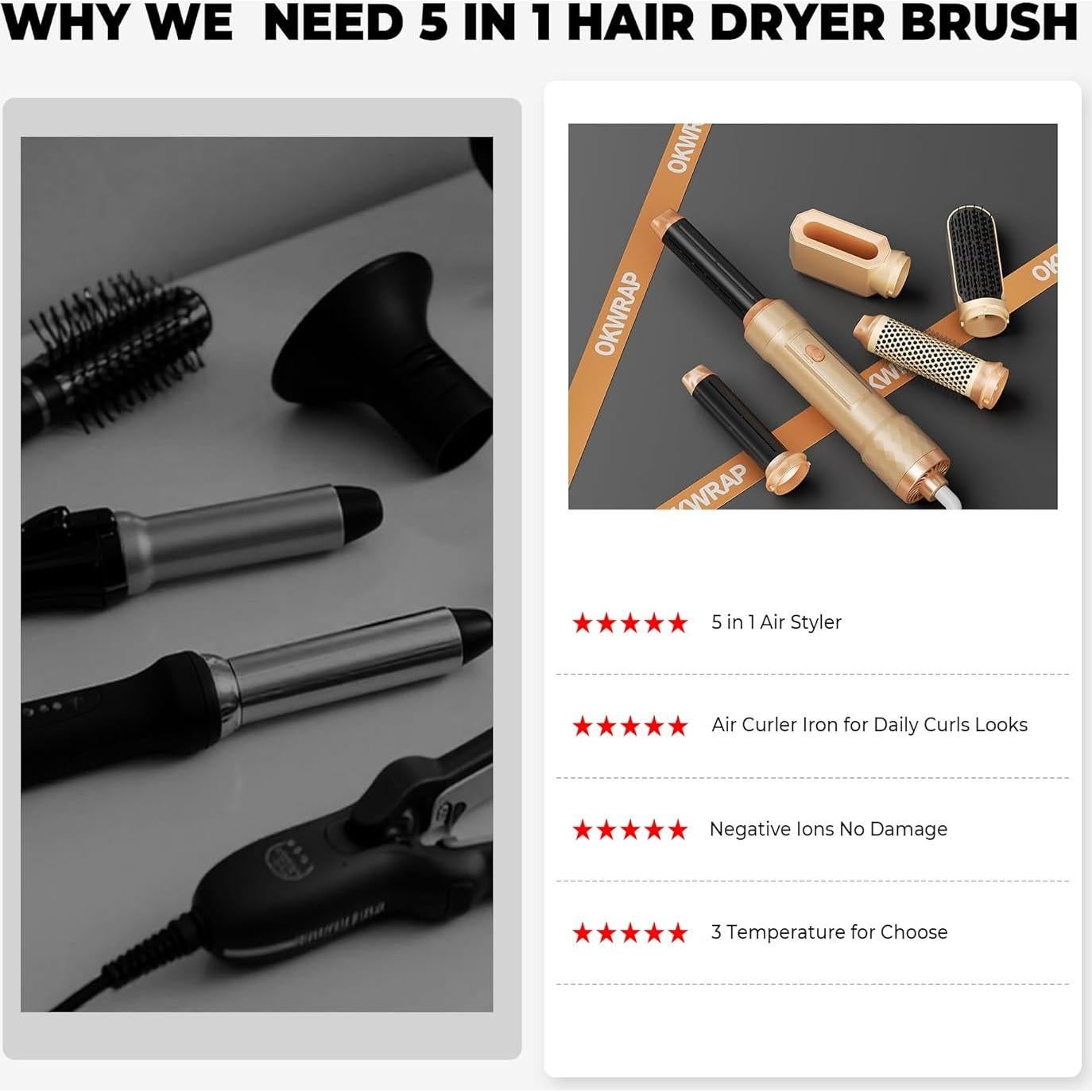 Cepillo Secador 5 en 1 Okwrap Naranja, Estilizador de Cabello