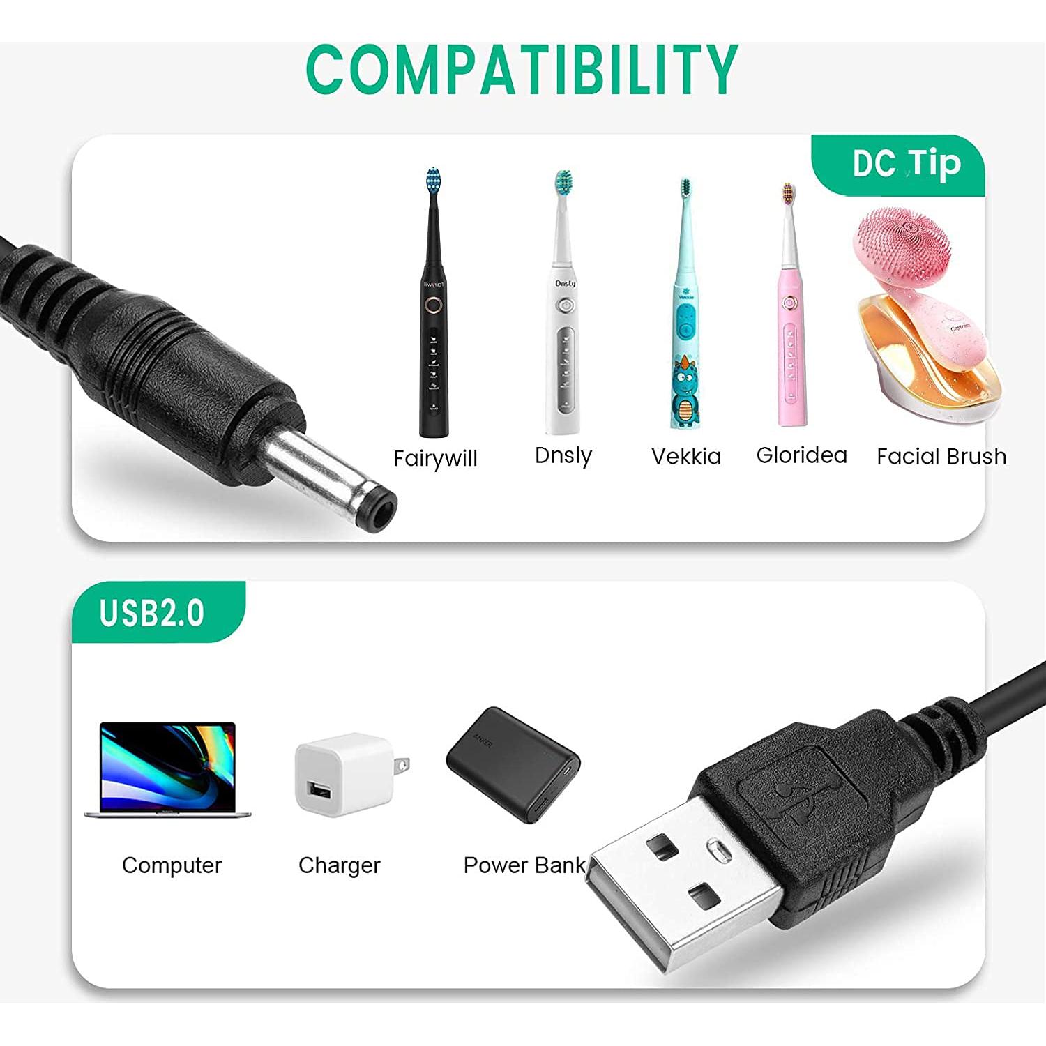 Cable de Carga USB 2.0 para Cepillos Eléctricos Fairywill y Foreo - 2 Piezas