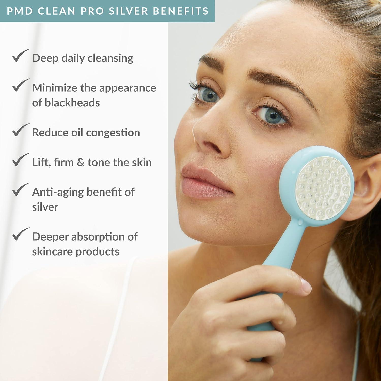 Dispositivo de Limpieza Facial PMD Belleza Pro Plata - Cepillo de Silicona y Masajeador Anti-Envejecimiento