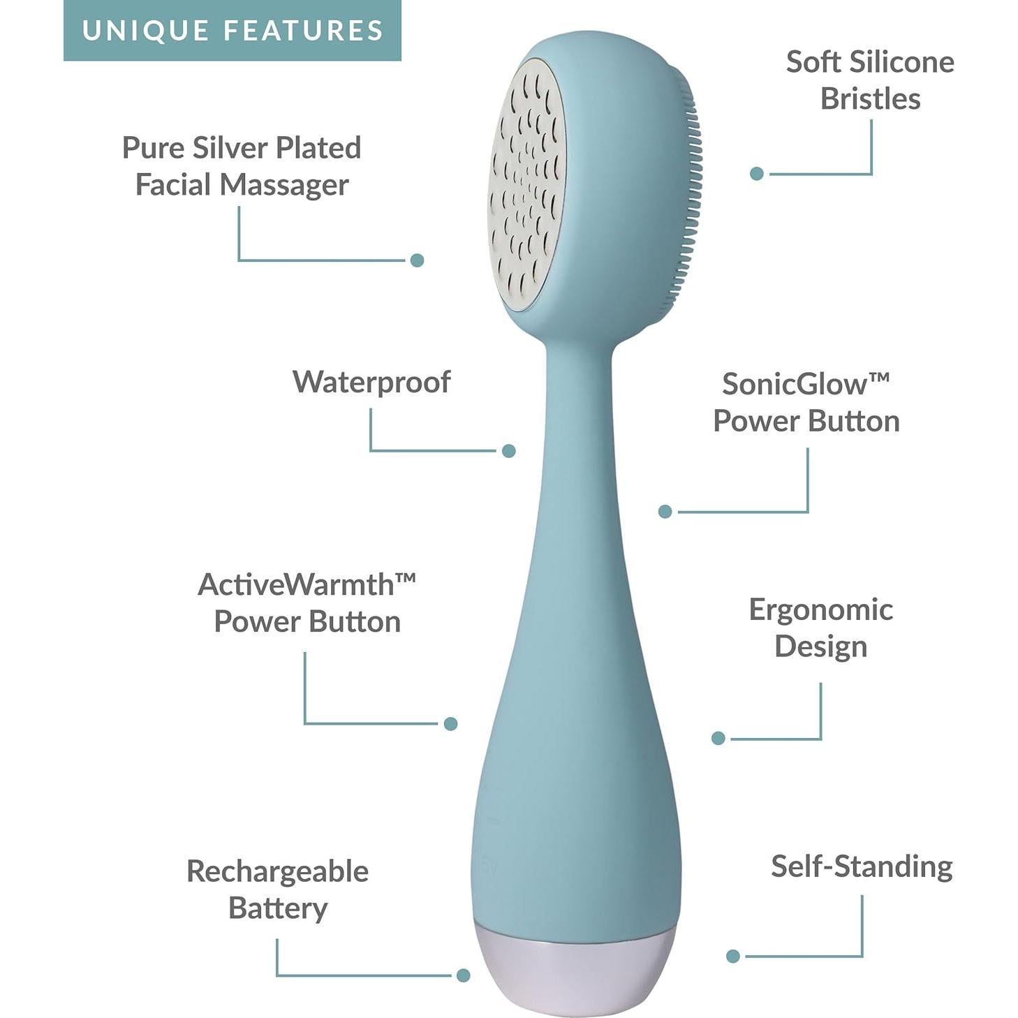 Dispositivo de Limpieza Facial PMD Belleza Pro Plata - Cepillo de Silicona y Masajeador Anti-Envejecimiento