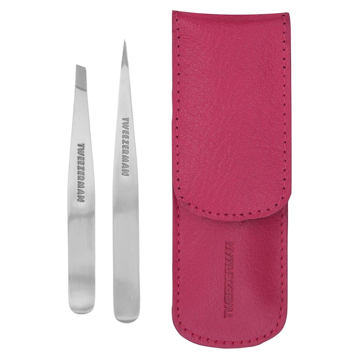 Juego de Pinzas Petite Tweezerman con Estuche Rosa Cuero