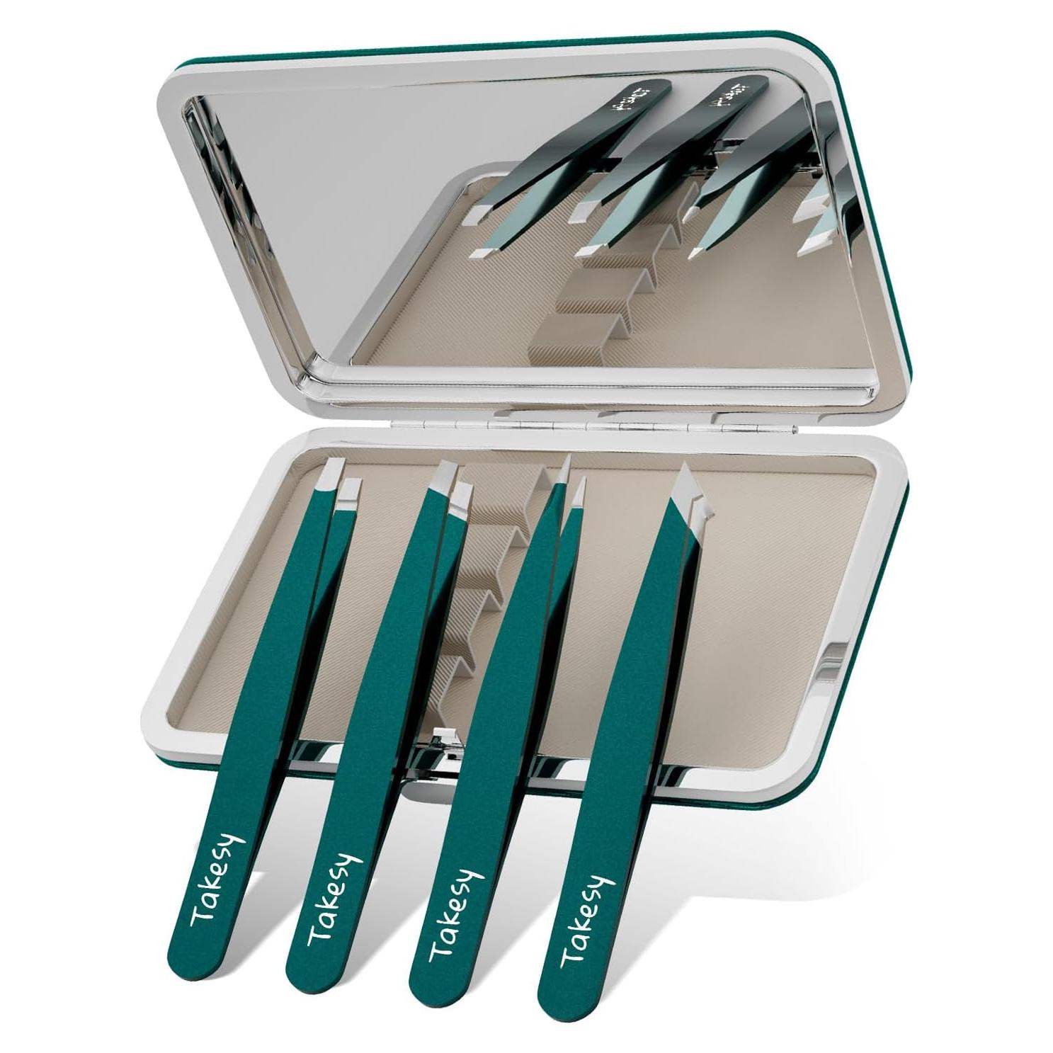 Set de Pinzas de Precisión Takesy con Estuche de Espejo Verde