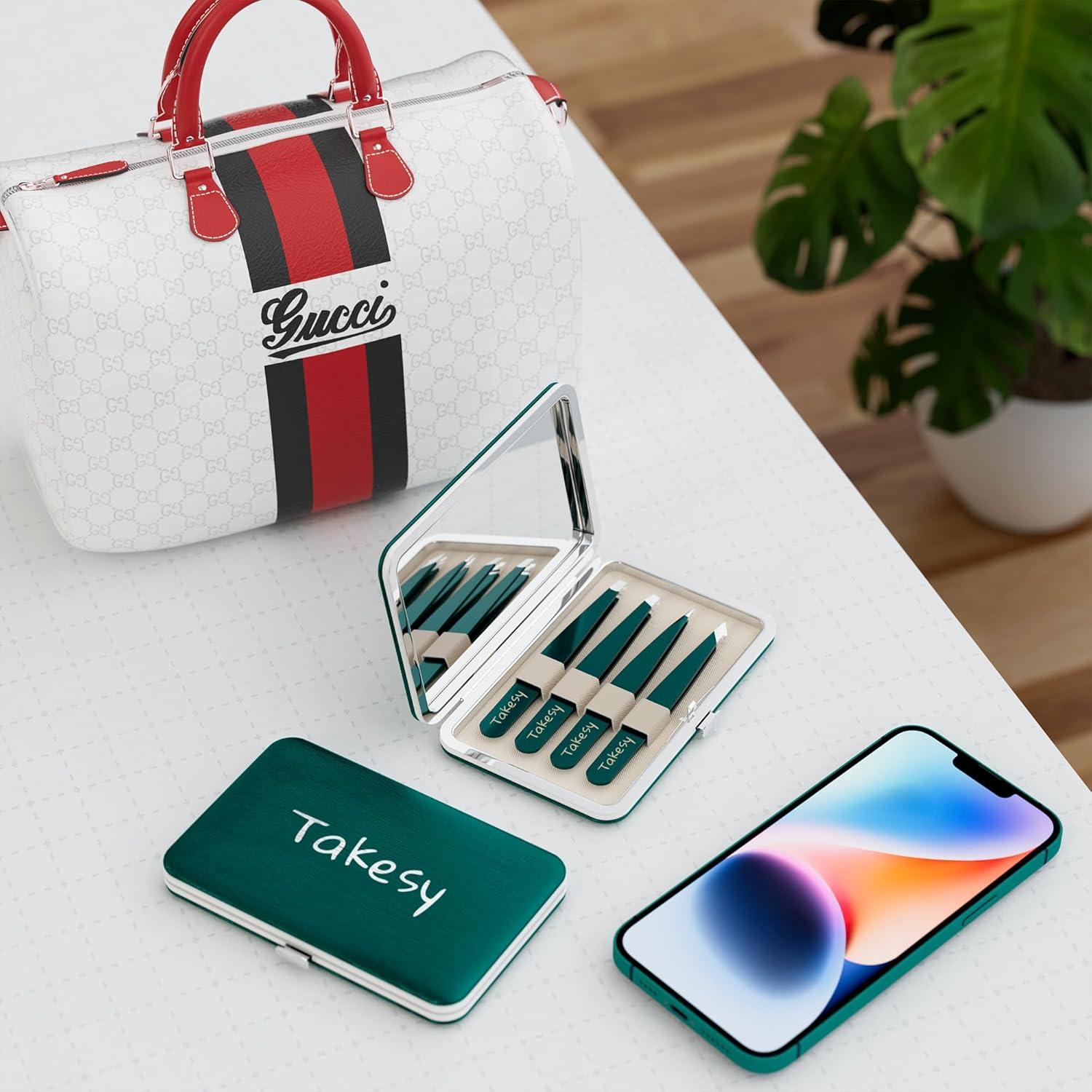 Set de Pinzas de Precisión Takesy con Estuche de Espejo Verde