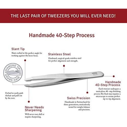 Professional Tweezers Diamond Slant Tip - Diamond Tip Tweezers for Men & Women - High Precision Design for Face, Eyebrow, Hair & Grooming - Stainless Steel Handmade Beauty Tool