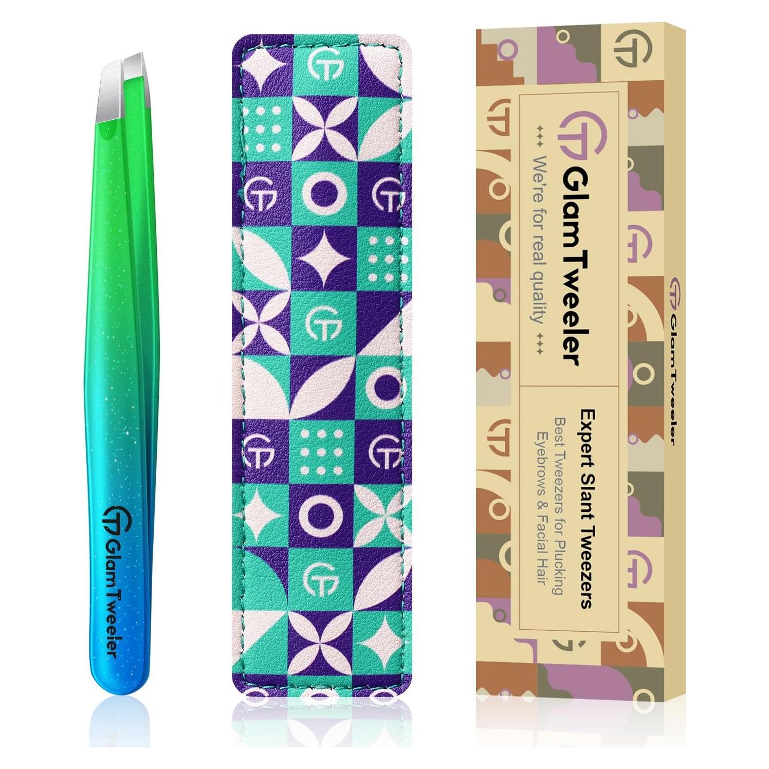Expert Slant Tip Tweezers with Leather Case, GlamTweeler Sharp & Precision Stainless Steel Tweezer for Eyebrows, Facial Hair and Fine Hairs Removal (Sparkle Princess Blue & Green)