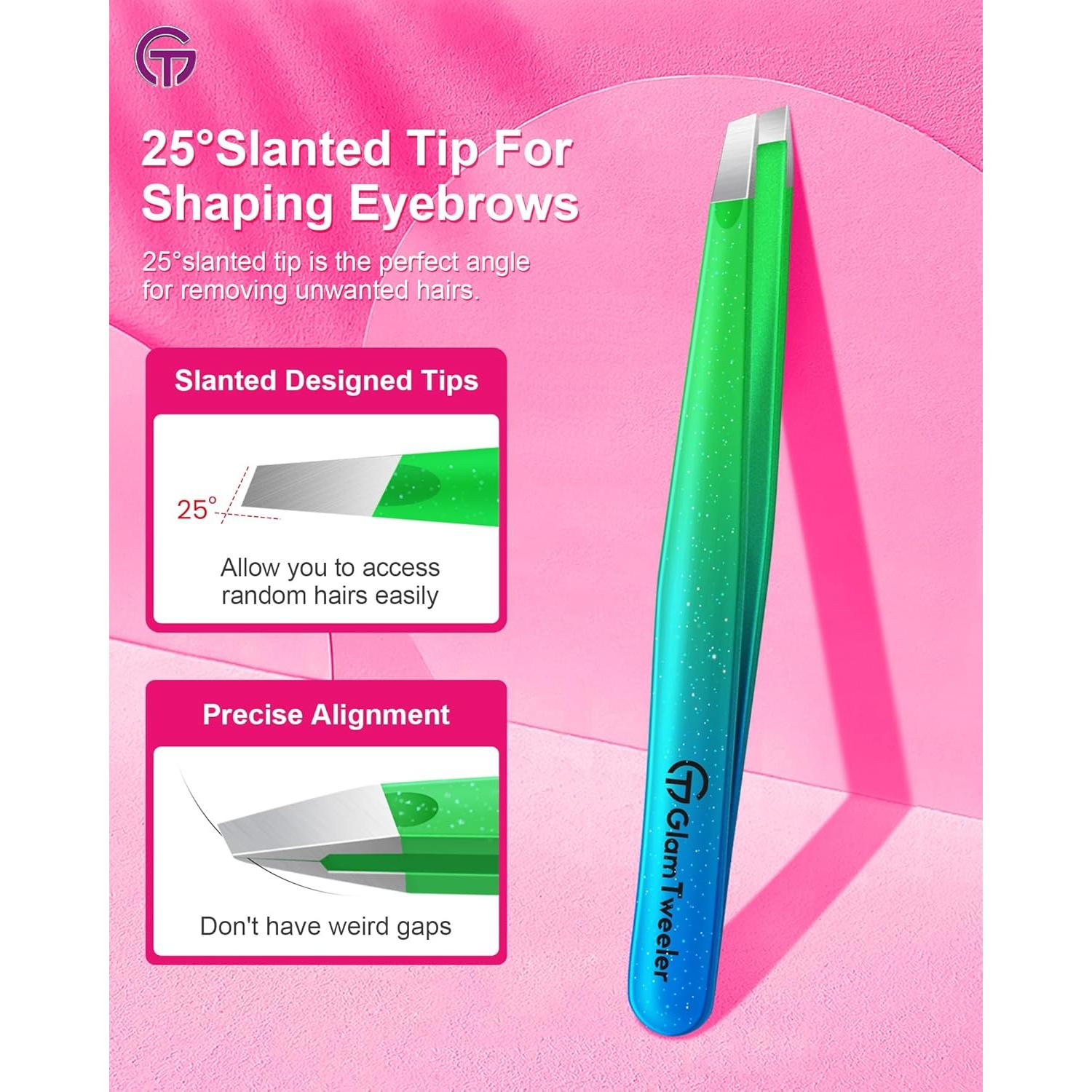 Expert Slant Tip Tweezers with Leather Case, GlamTweeler Sharp & Precision Stainless Steel Tweezer for Eyebrows, Facial Hair and Fine Hairs Removal (Sparkle Princess Blue & Green)