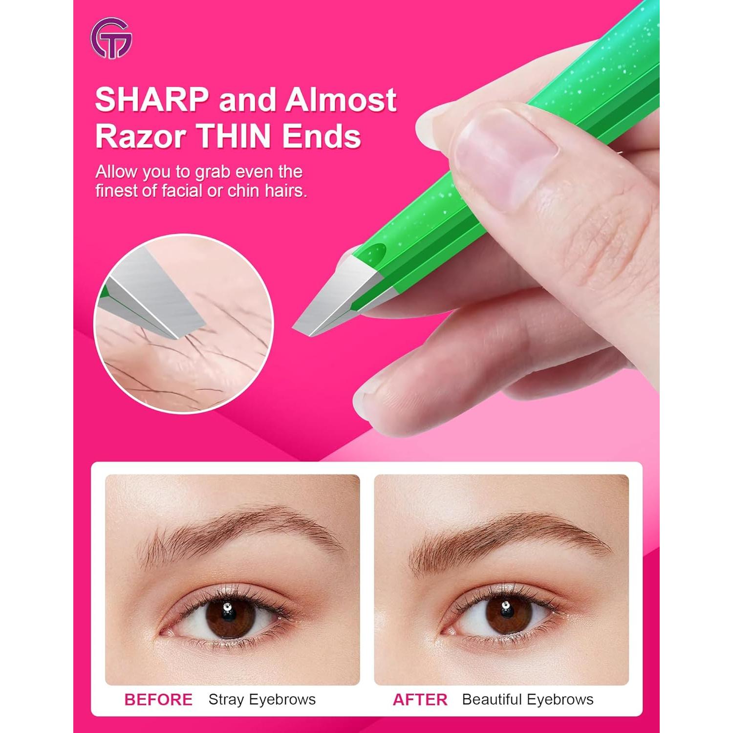 Expert Slant Tip Tweezers with Leather Case, GlamTweeler Sharp & Precision Stainless Steel Tweezer for Eyebrows, Facial Hair and Fine Hairs Removal (Sparkle Princess Blue & Green)