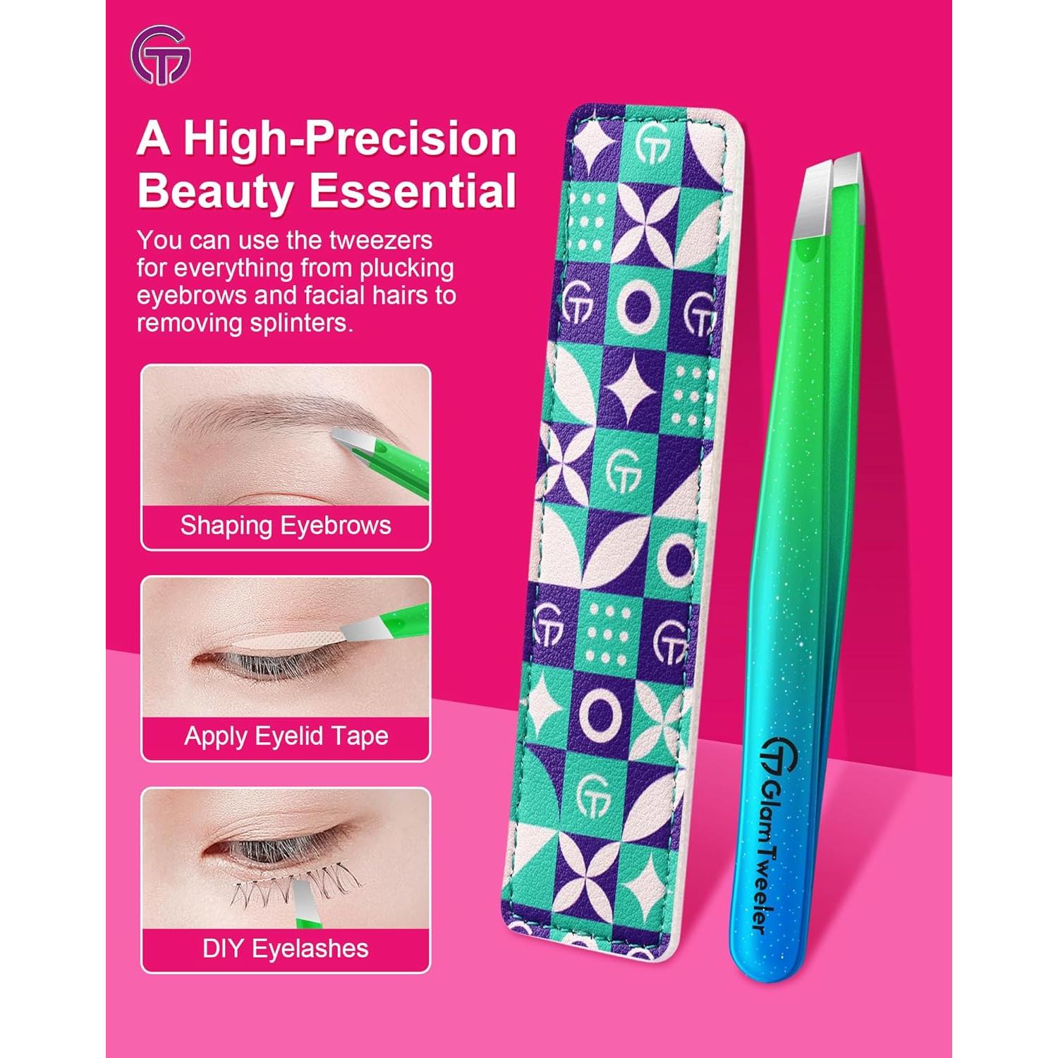 Expert Slant Tip Tweezers with Leather Case, GlamTweeler Sharp & Precision Stainless Steel Tweezer for Eyebrows, Facial Hair and Fine Hairs Removal (Sparkle Princess Blue & Green)