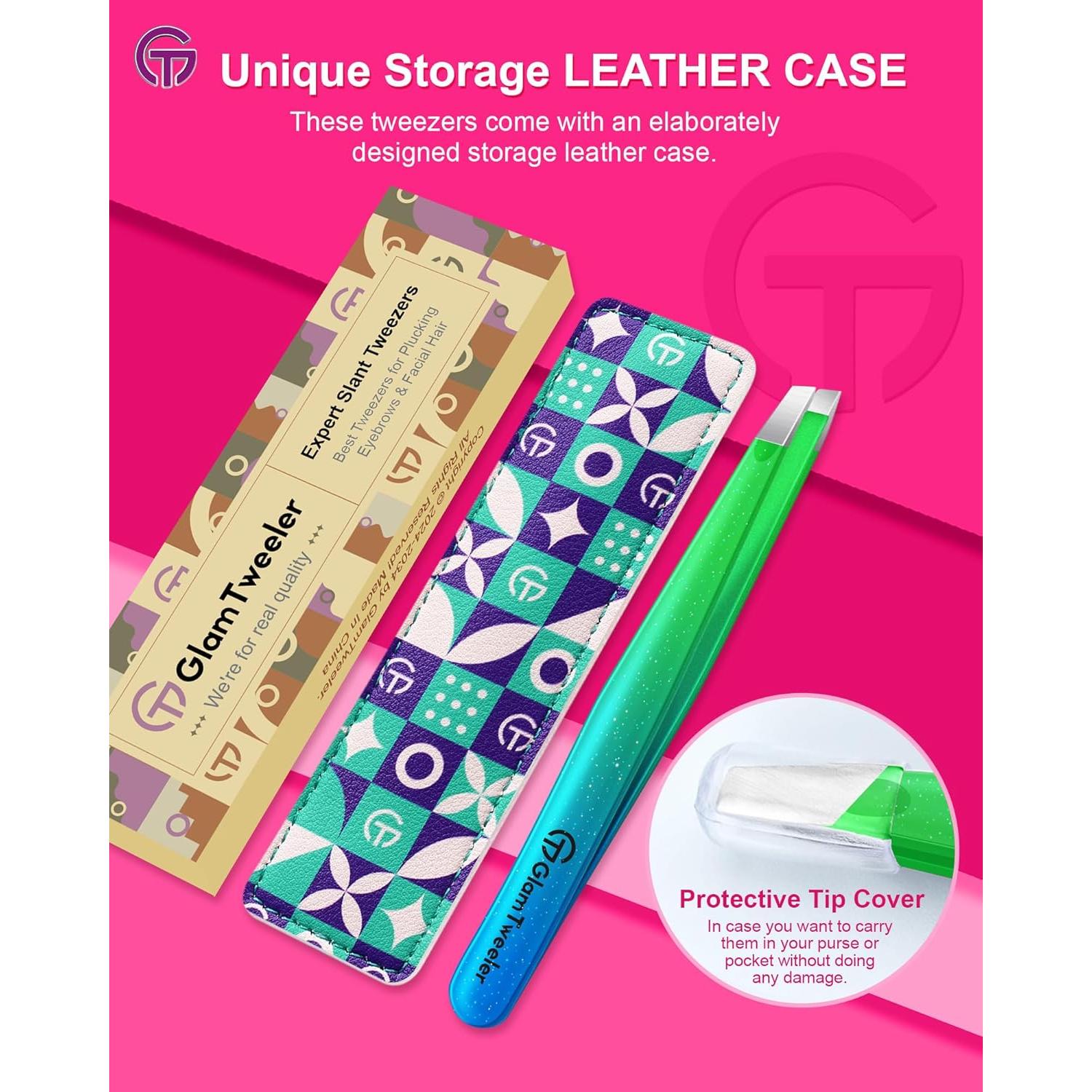 Expert Slant Tip Tweezers with Leather Case, GlamTweeler Sharp & Precision Stainless Steel Tweezer for Eyebrows, Facial Hair and Fine Hairs Removal (Sparkle Princess Blue & Green)