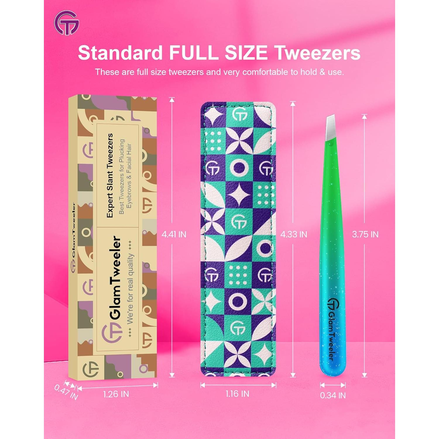 Expert Slant Tip Tweezers with Leather Case, GlamTweeler Sharp & Precision Stainless Steel Tweezer for Eyebrows, Facial Hair and Fine Hairs Removal (Sparkle Princess Blue & Green)