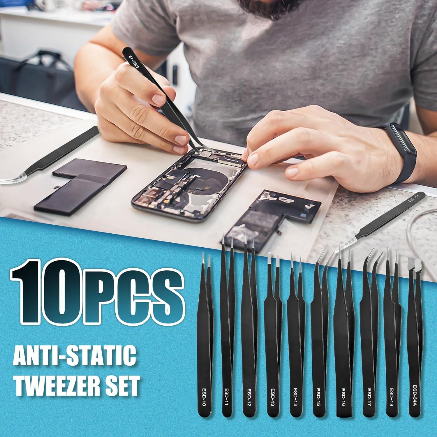 Juego de Pinzas de Precisión ESD XinYunfan 10 Piezas Acero Inoxidable